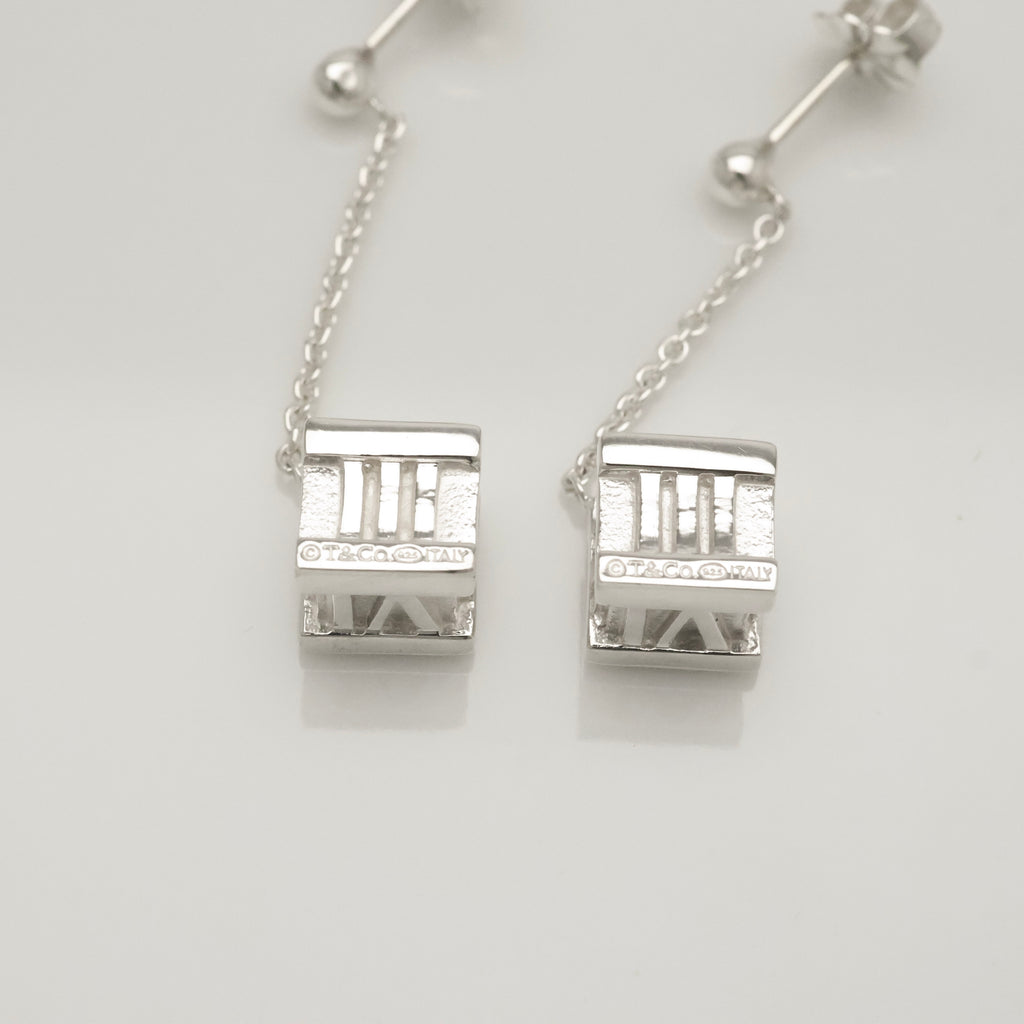 Tiffany & Co. Atlas Cube Drop Dangle Stud Earrings Sterling Silver 925