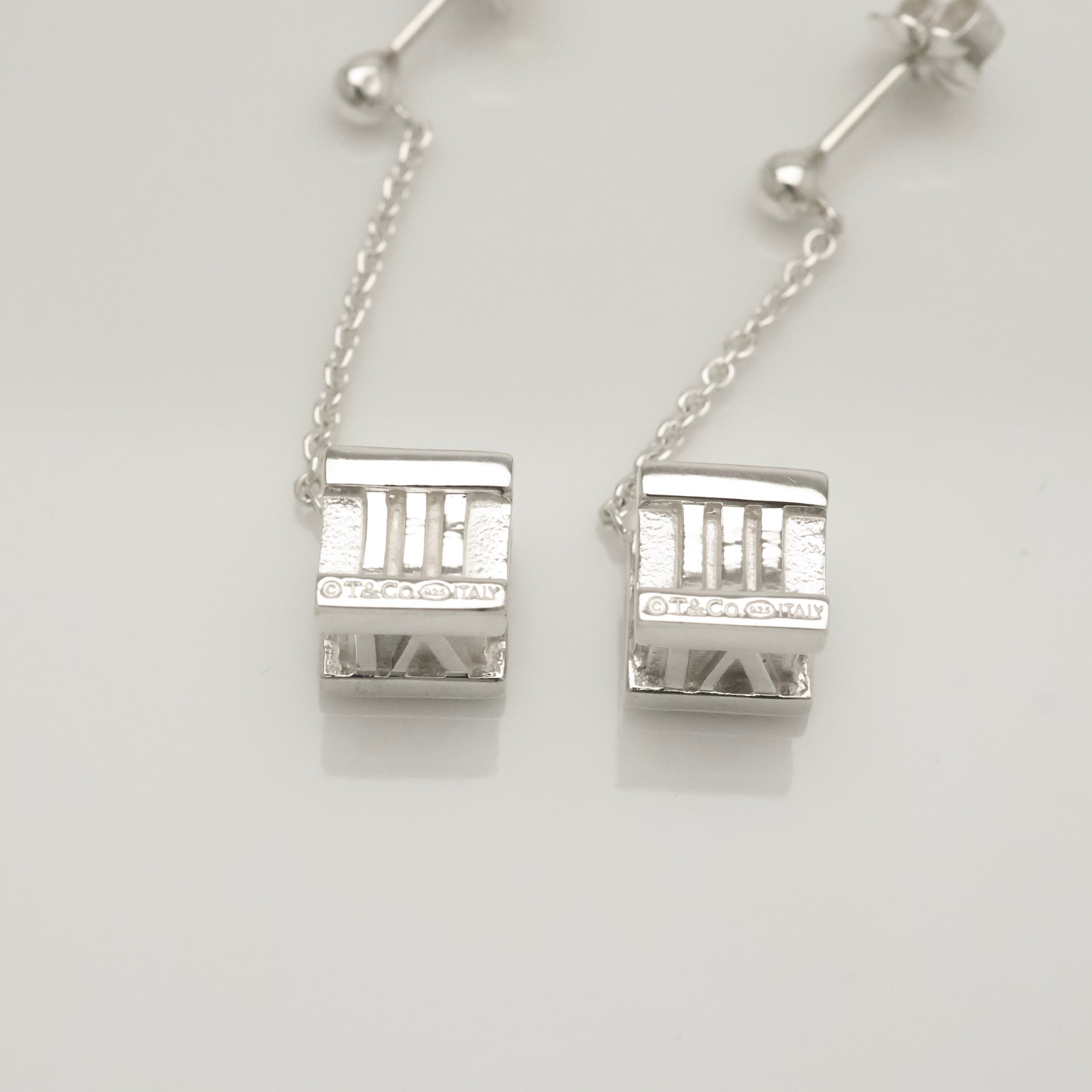 Tiffany & Co. Atlas Cube Drop Dangle Stud Earrings Sterling Silver 925