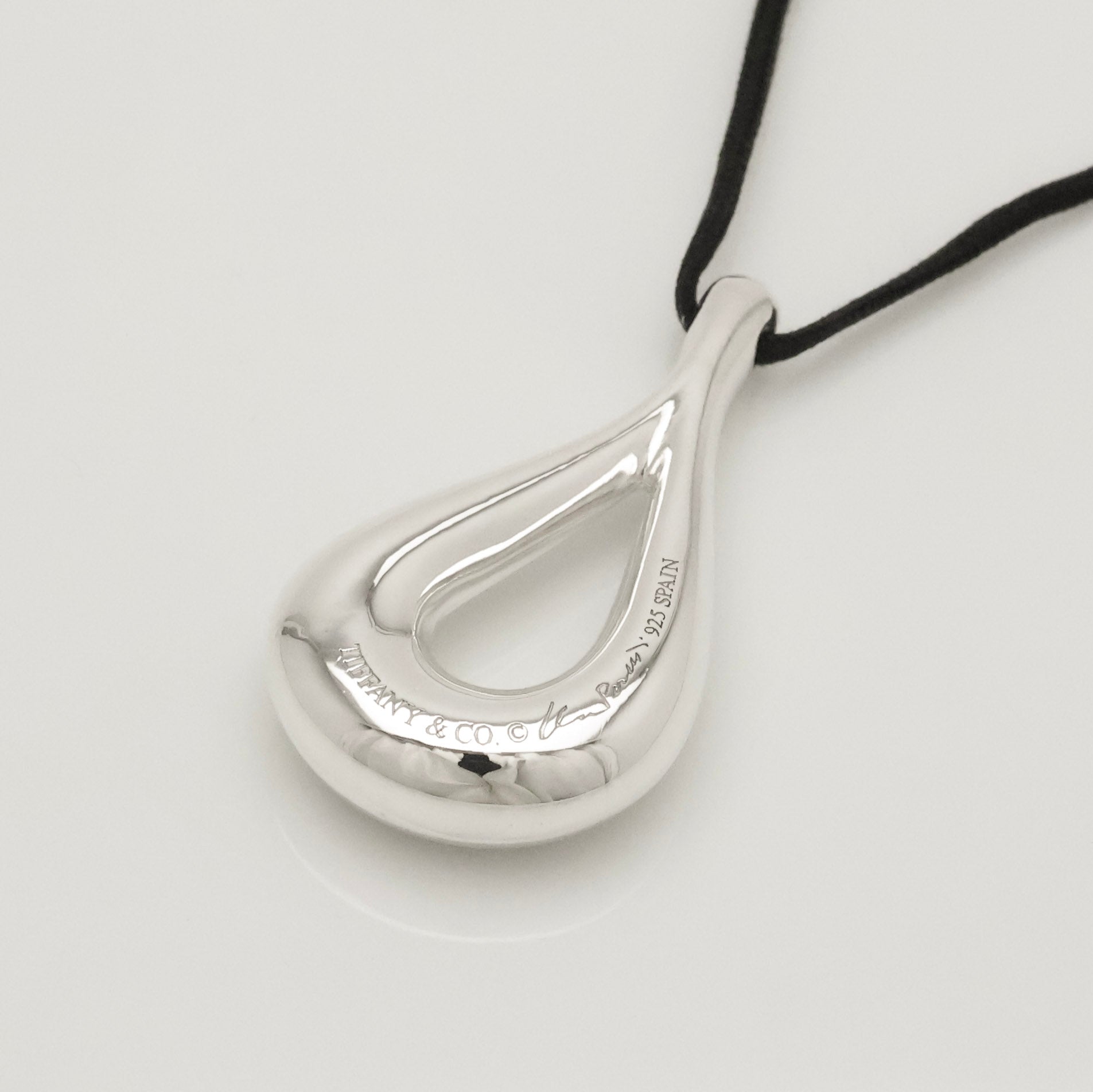 Tiffany & Co. Large Open Teardrop Silk Cord Necklace Sterling Silver 925
