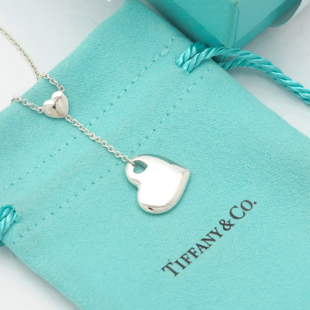 Tiffany & Co. Stencil Cutout Two Heart Lariat Necklace Sterling Silver 925