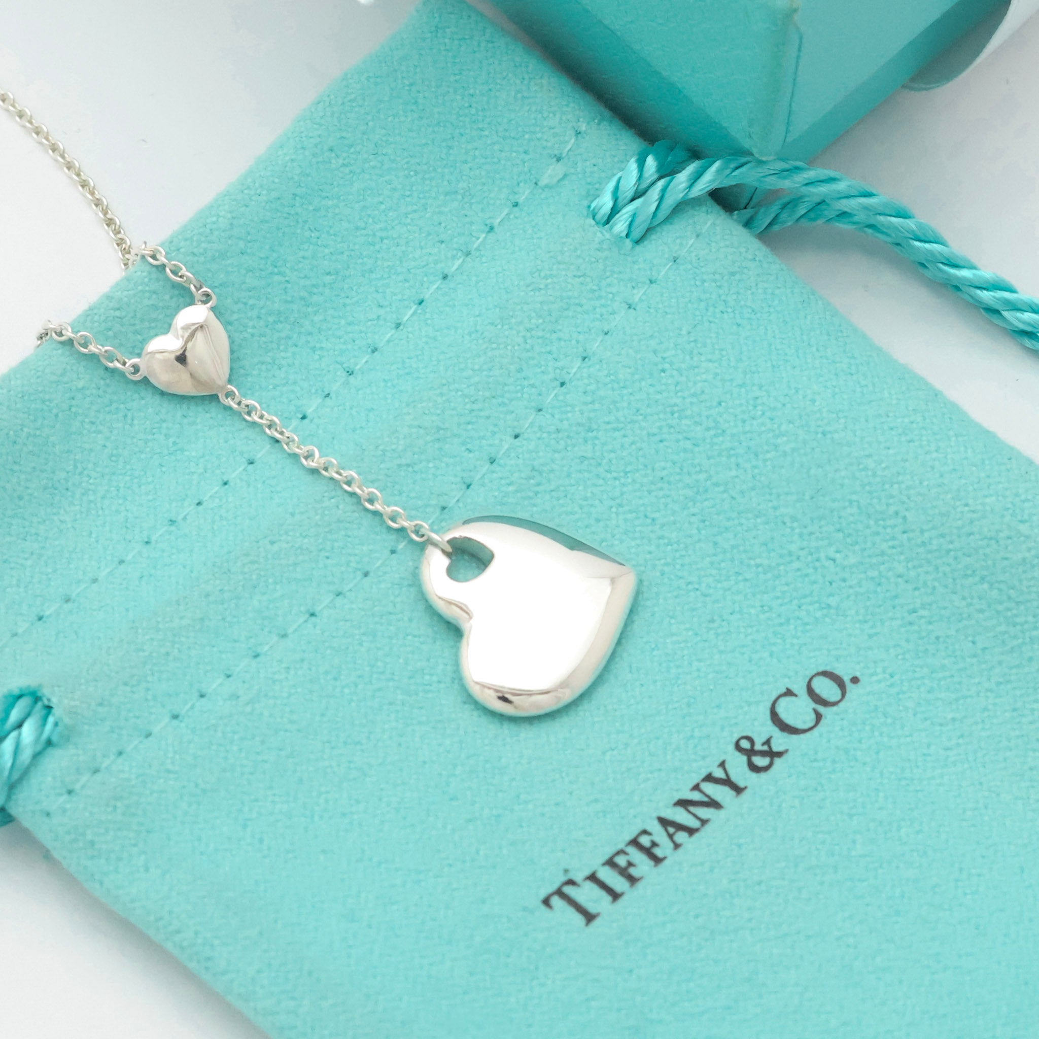 Tiffany & Co. Stencil Cutout Two Heart Lariat Necklace Sterling Silver 925