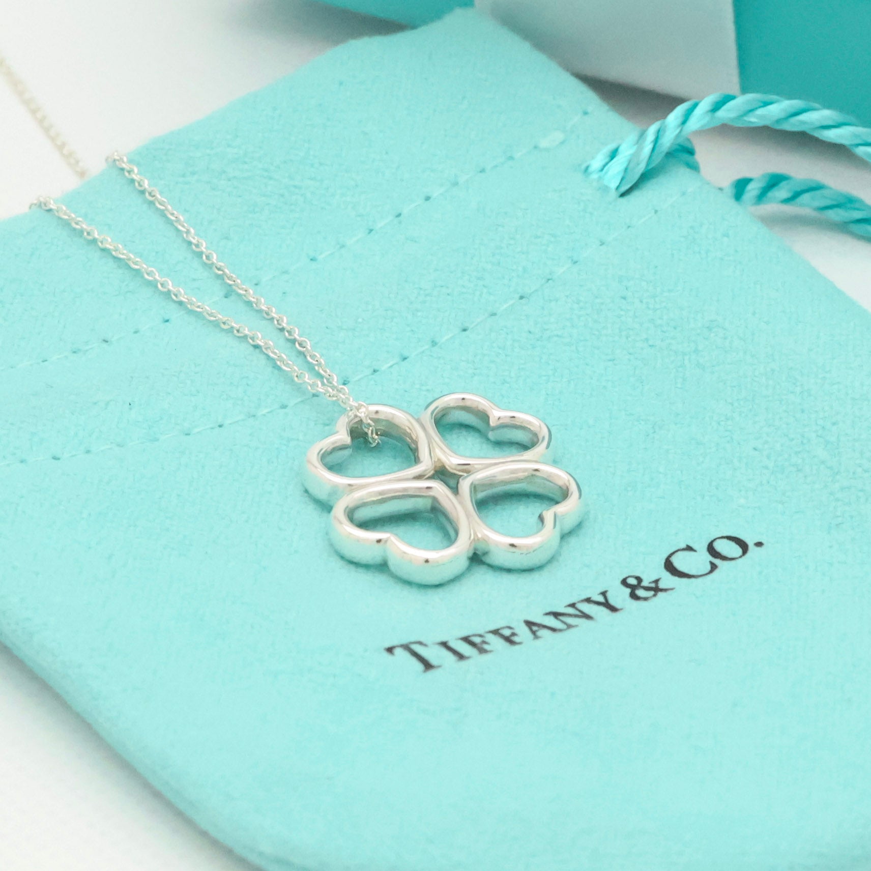  Tiffany & Co. Four Hearts Clover Necklace Pendant Sterling Silver 925