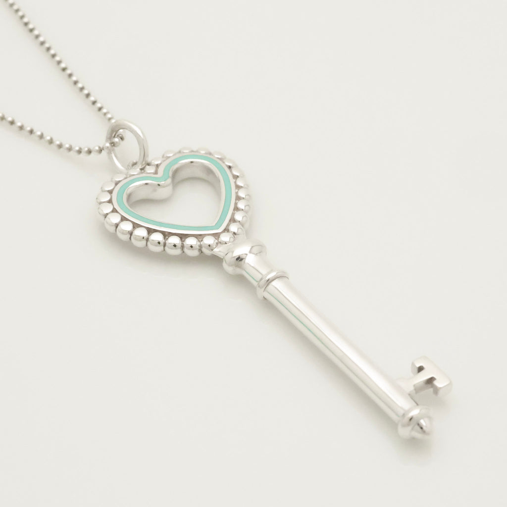  Tiffany & Co. Blue Enamel Beaded Heart Key Necklace Sterling Silver 925　