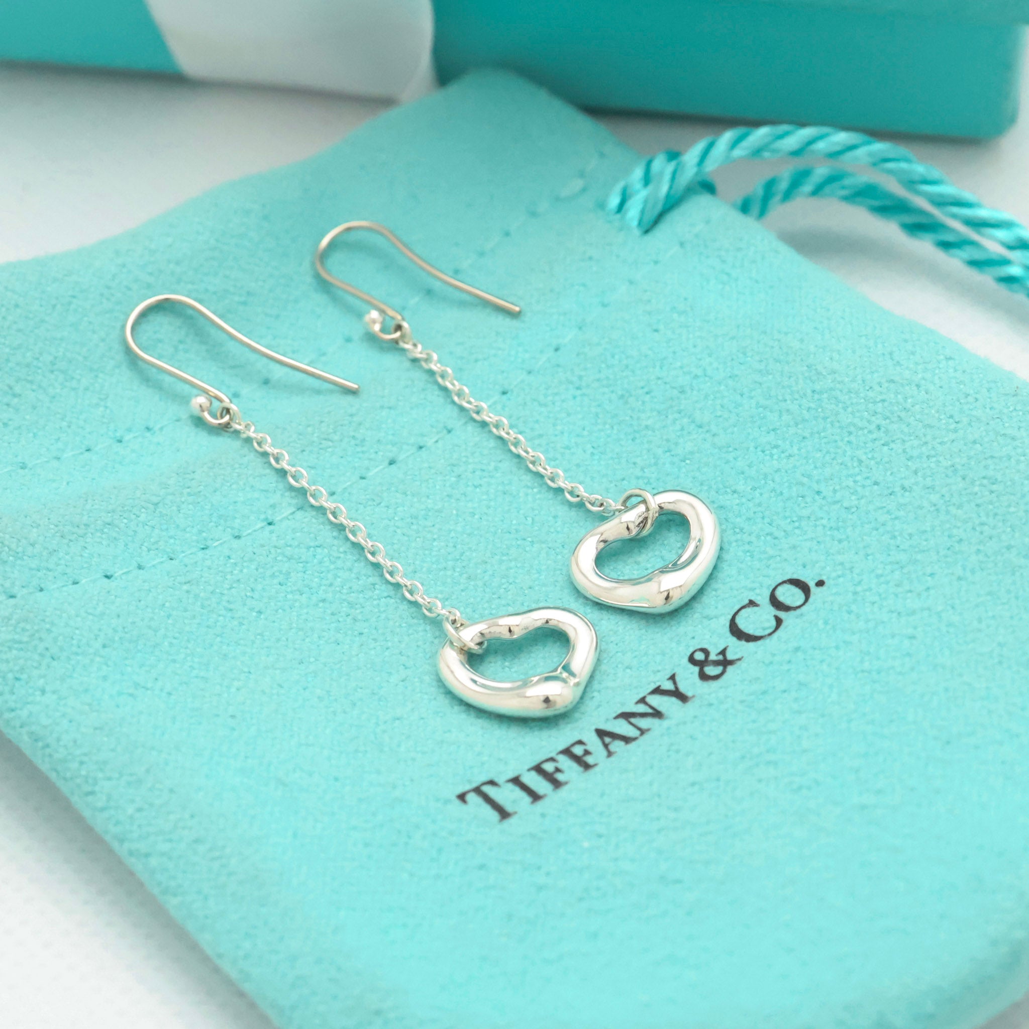 Tiffany & Co Elsa Peretti Open Heart Drop Dangle Earrings Sterling Silver 925