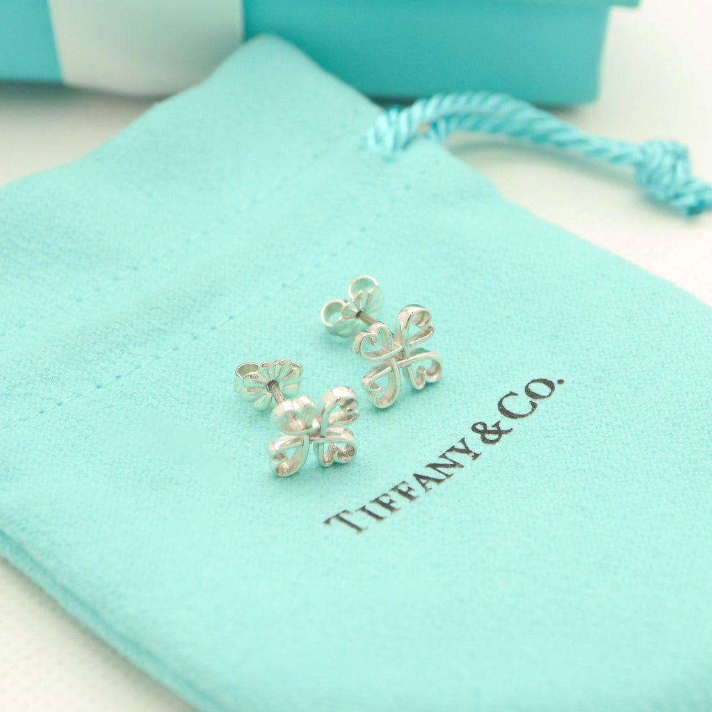  Tiffany & Co. Picasso Loving Heart Clover Stud Earrings Sterling Silver 925 