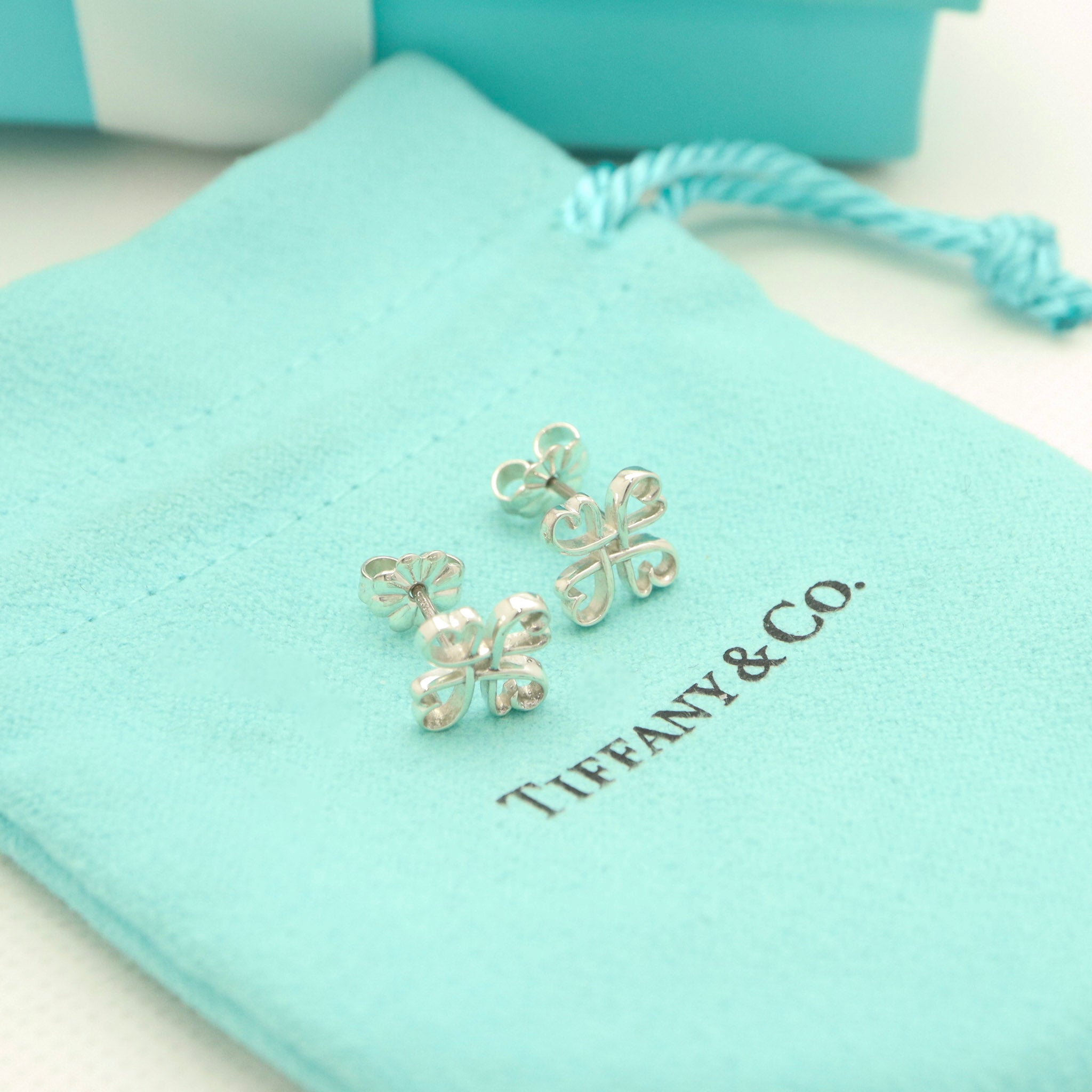  Tiffany & Co. Picasso Loving Heart Clover Stud Earrings Sterling Silver 925 