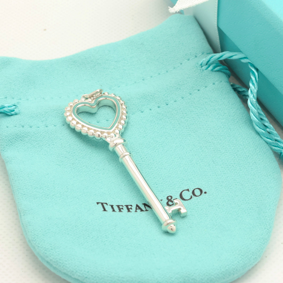  Tiffany & Co. Blue Enamel Beaded Heart Key Charm Sterling Silver 925　