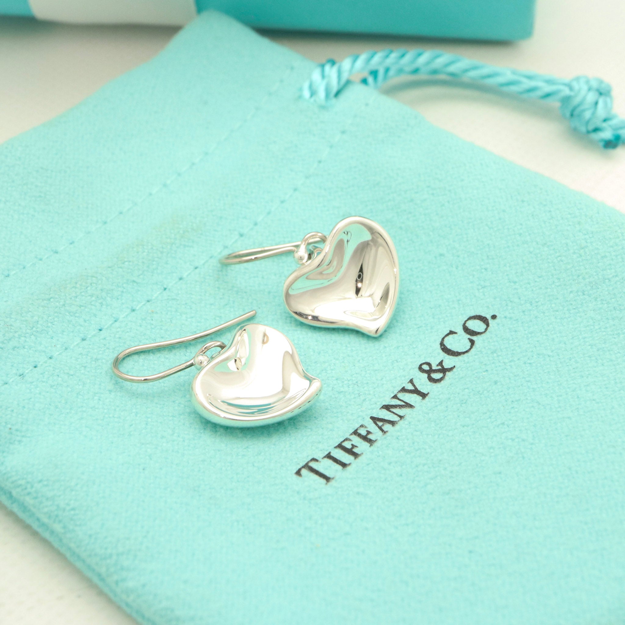 Tiffany & Co. Peretti Full Curved Heart Dangle Hook Earrings Sterling Silver 925
