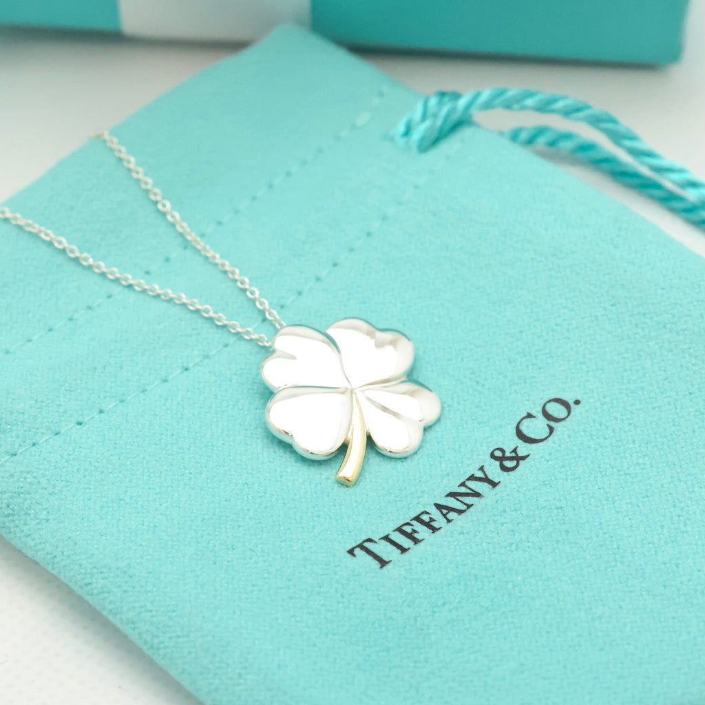  Tiffany & Co. Four Leaf Clover Pendant Necklace Sterling Silver 925 & Gold 18K