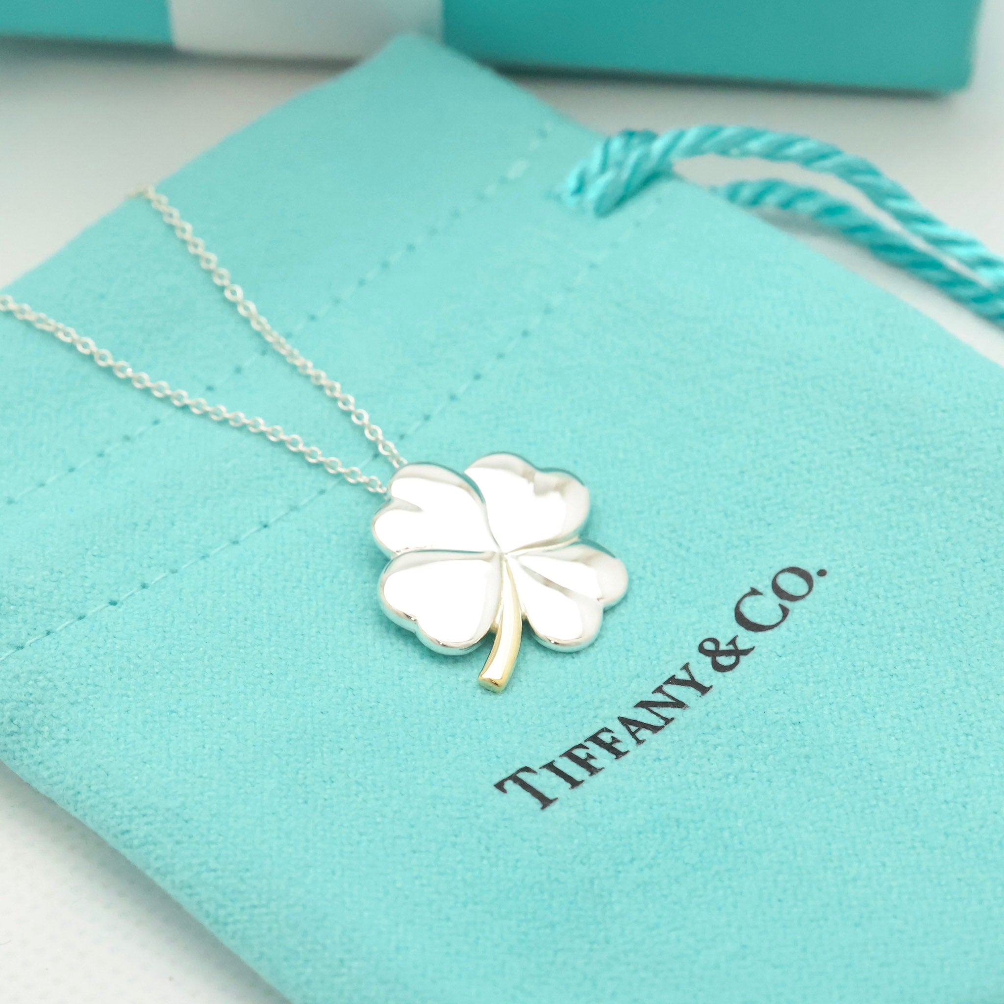  Tiffany & Co. Four Leaf Clover Pendant Necklace Sterling Silver 925 & Gold 18K