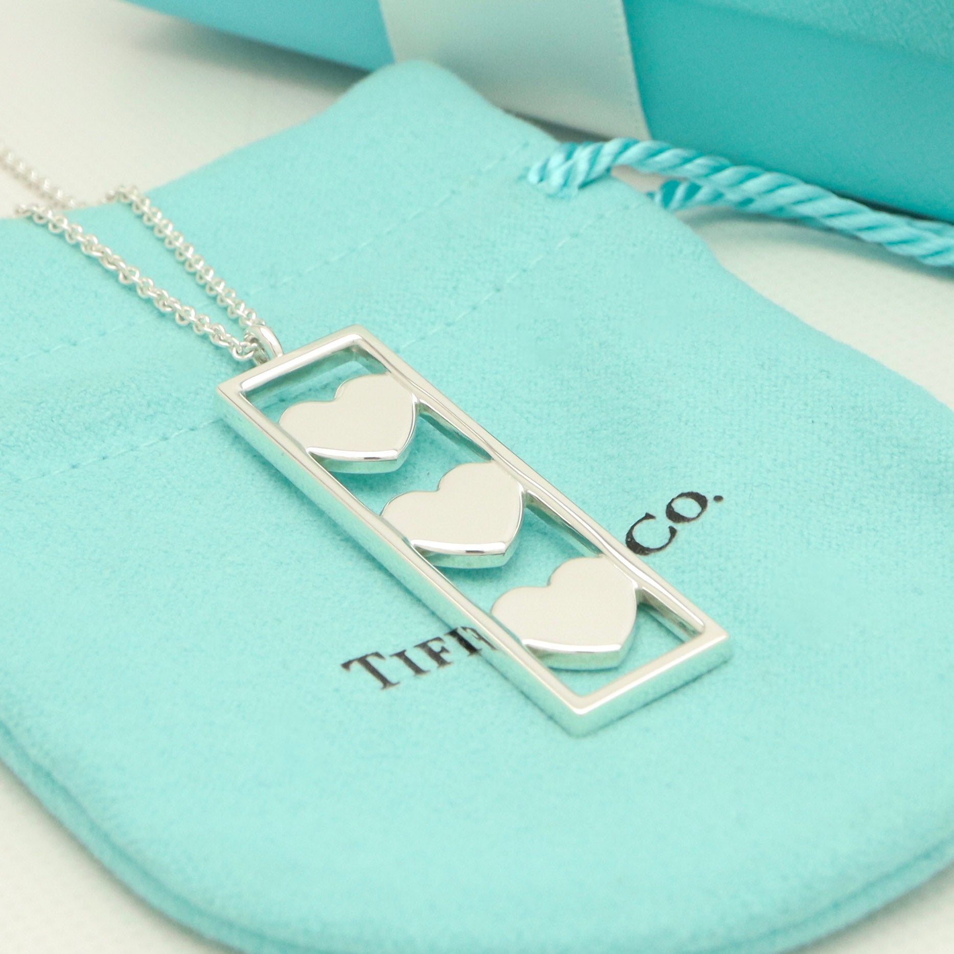 Tiffany & Co Triple Heart Plate Pendant Necklace Sterling Silver 925