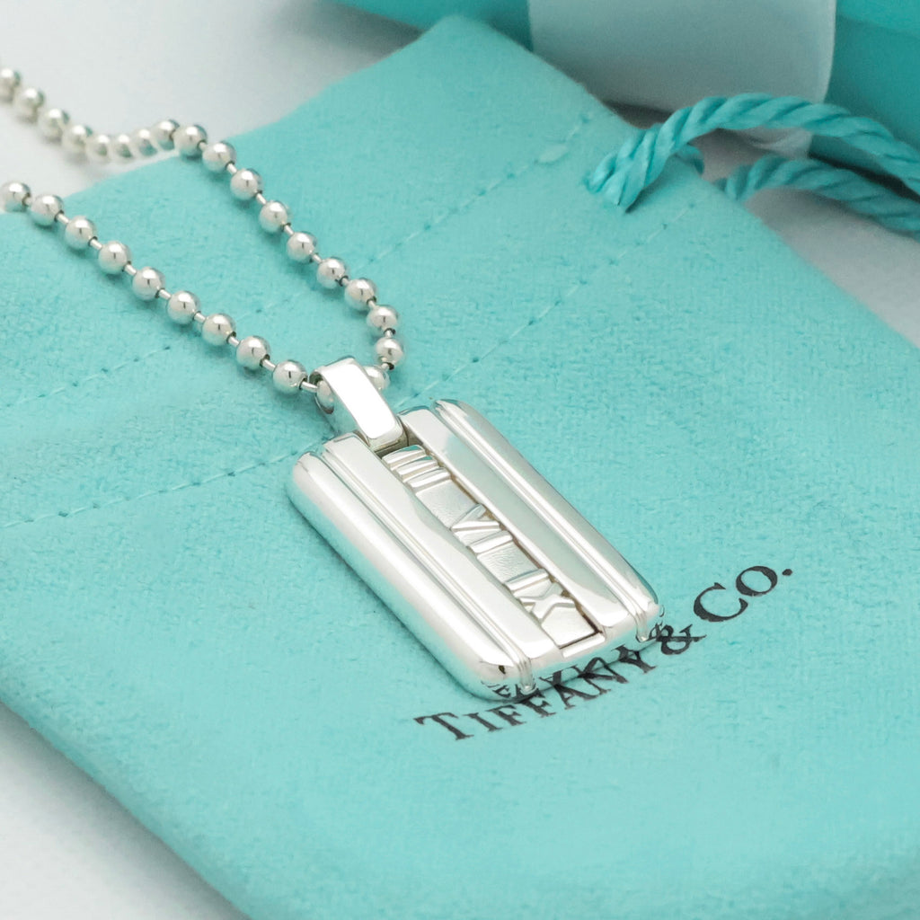 Tiffany & Co. Atlas Dog Tag Plate Ball Chain Necklace Sterling Silver 925