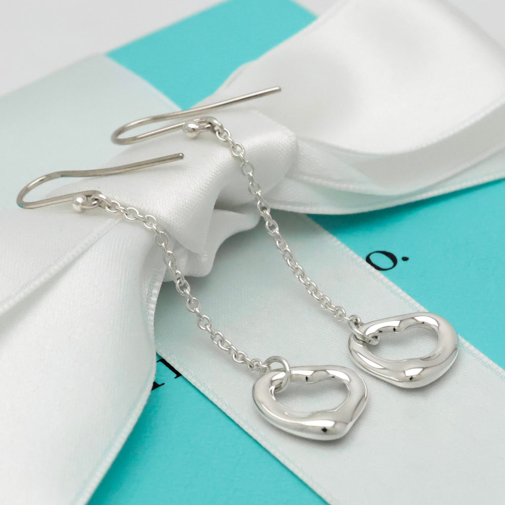Tiffany & Co Elsa Peretti Open Heart Drop Dangle Earrings Sterling Silver 925