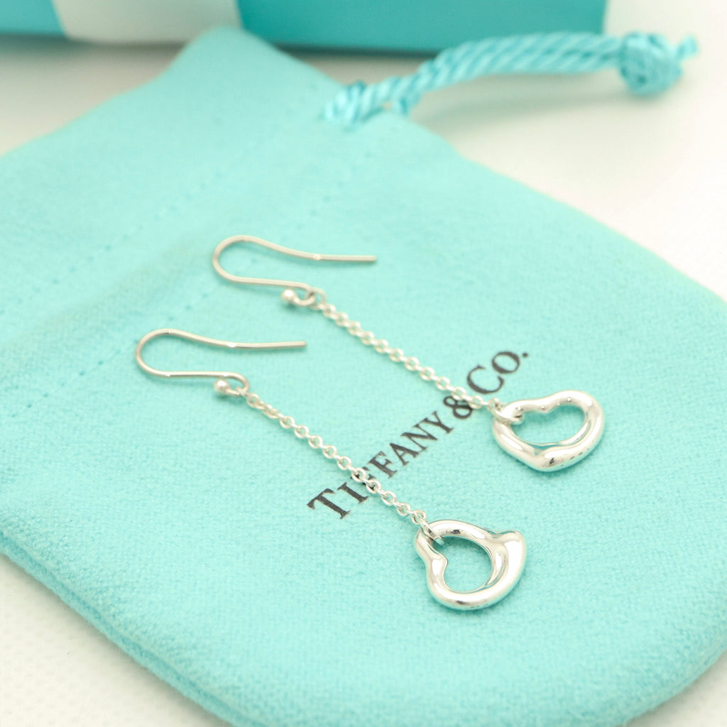 Tiffany & Co Elsa Peretti Open Heart Drop Dangle Earrings Sterling Silver 925