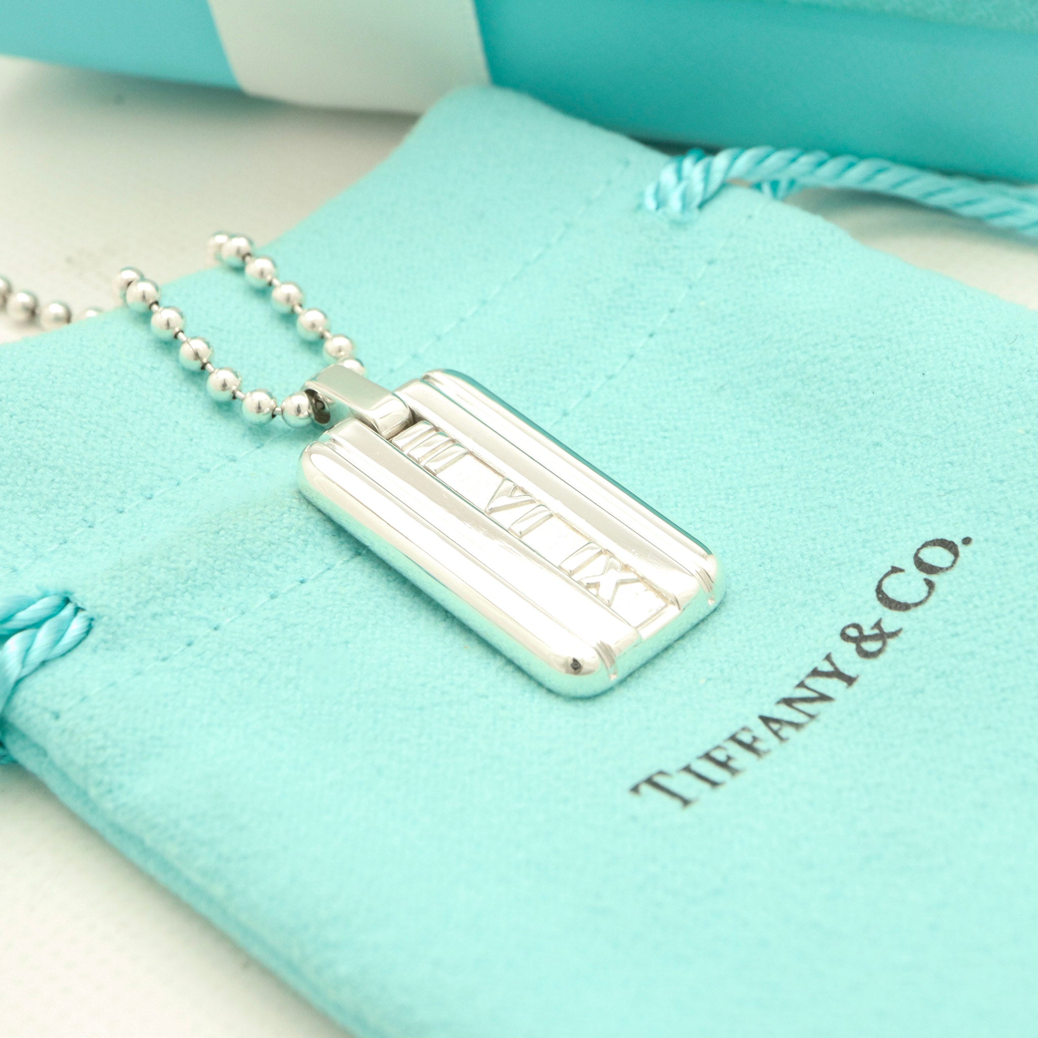 Tiffany & Co. Atlas Dog Tag Plate Ball Chain Necklace Sterling Silver 925