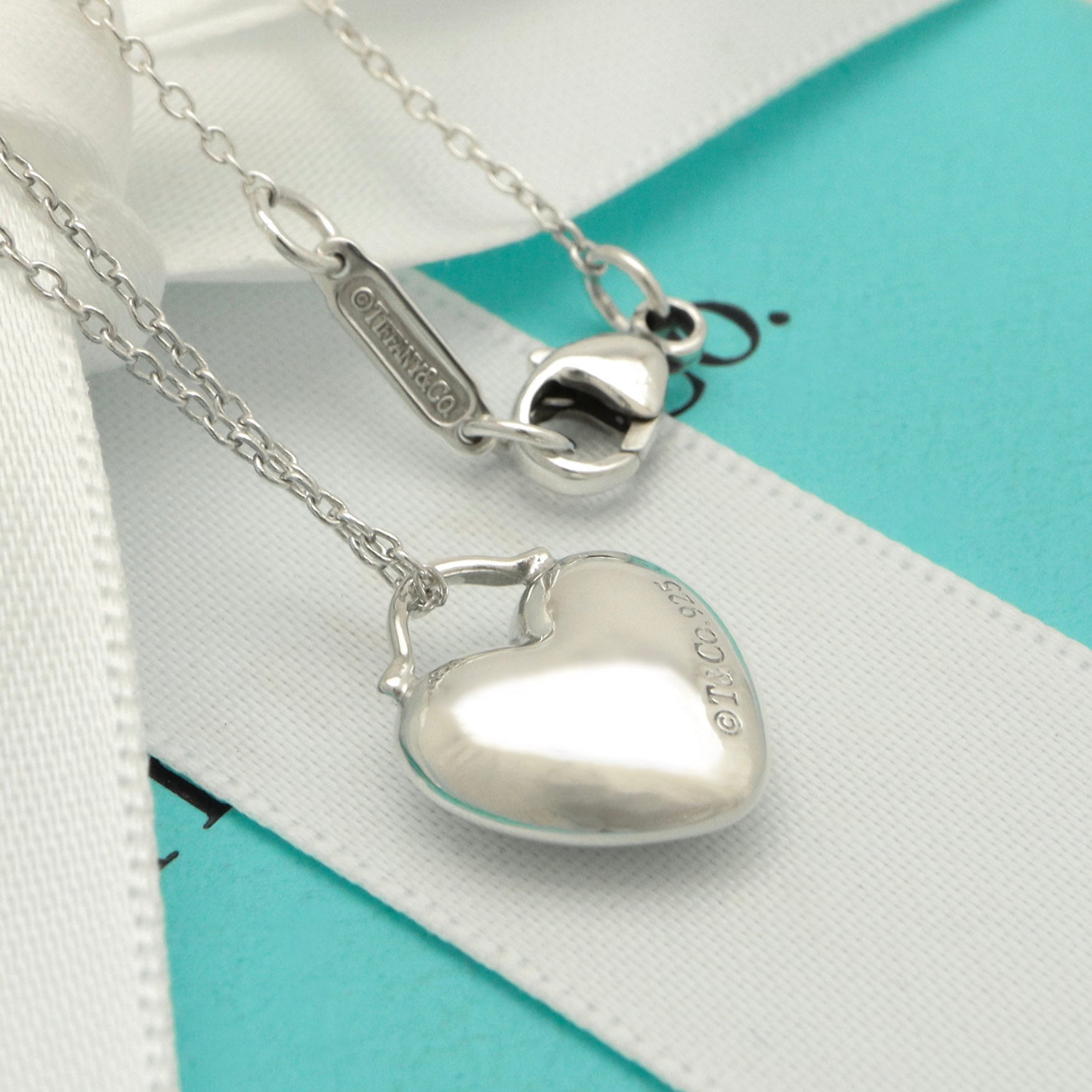 Tiffany & Co. Puff Heart Dangle Pendant Necklace Sterling Silver 925