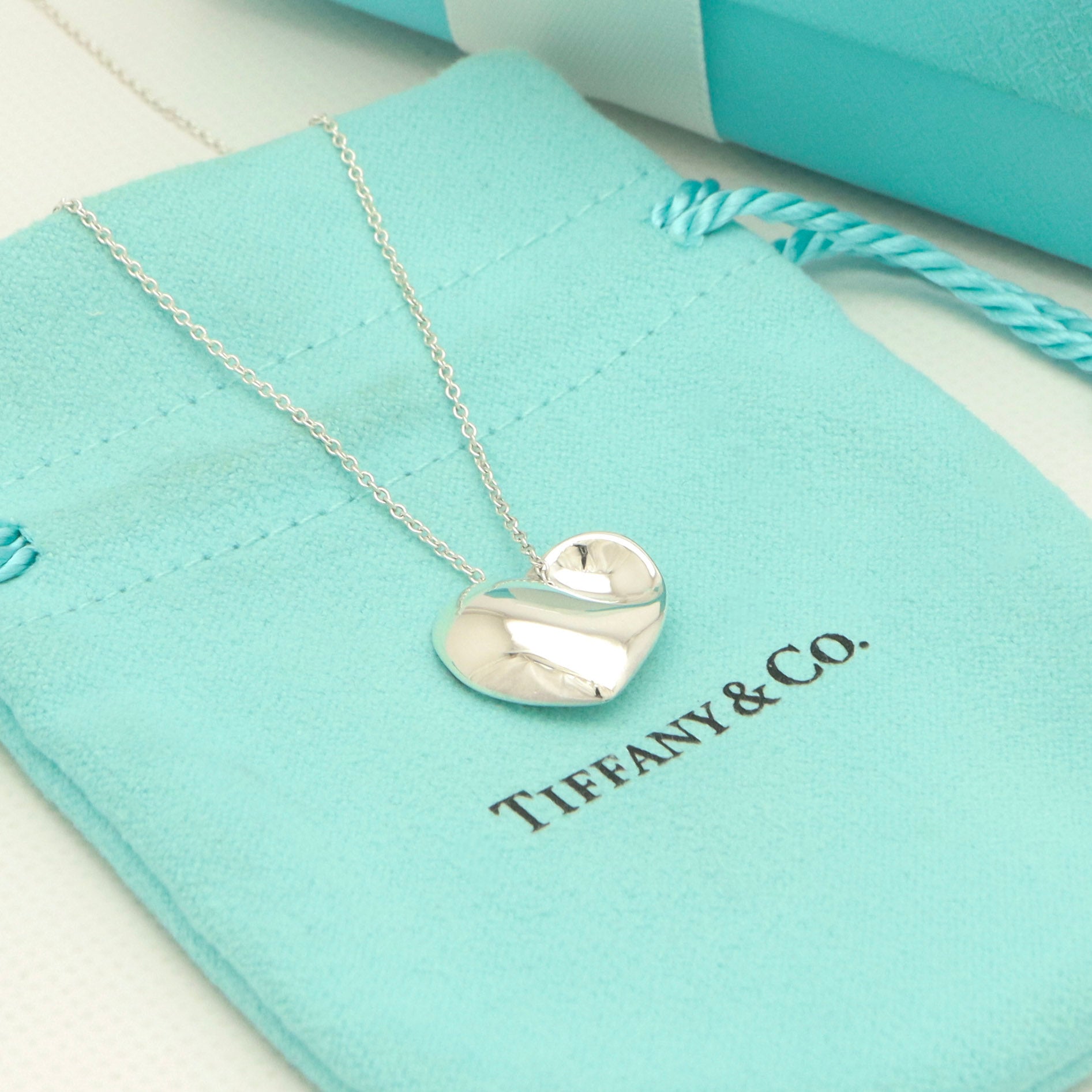 Tiffany & Co. Puff Heart Dangle Pendant Necklace Sterling Silver 925