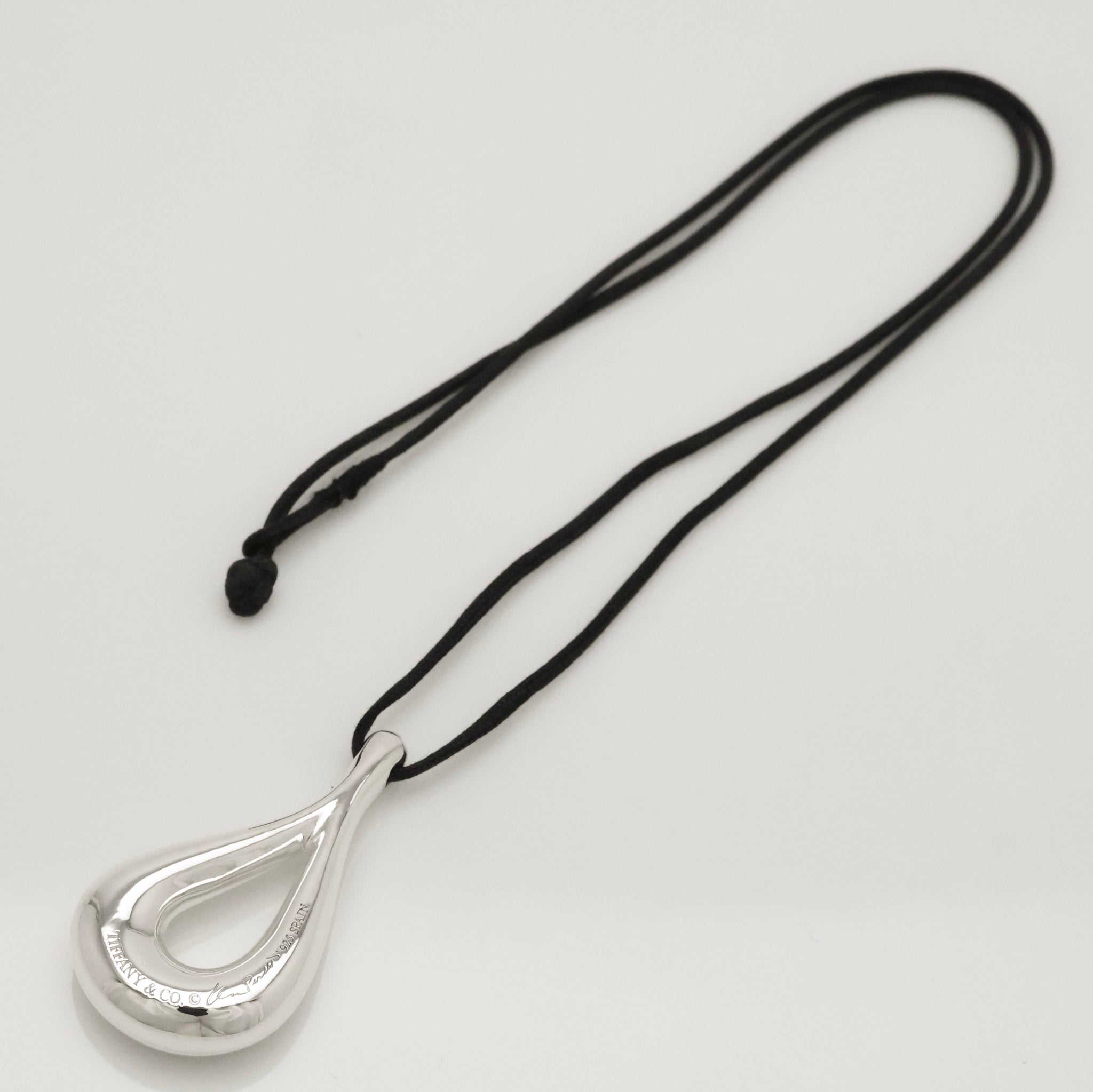 Tiffany & Co. Large Open Teardrop Silk Cord Necklace Sterling Silver 925