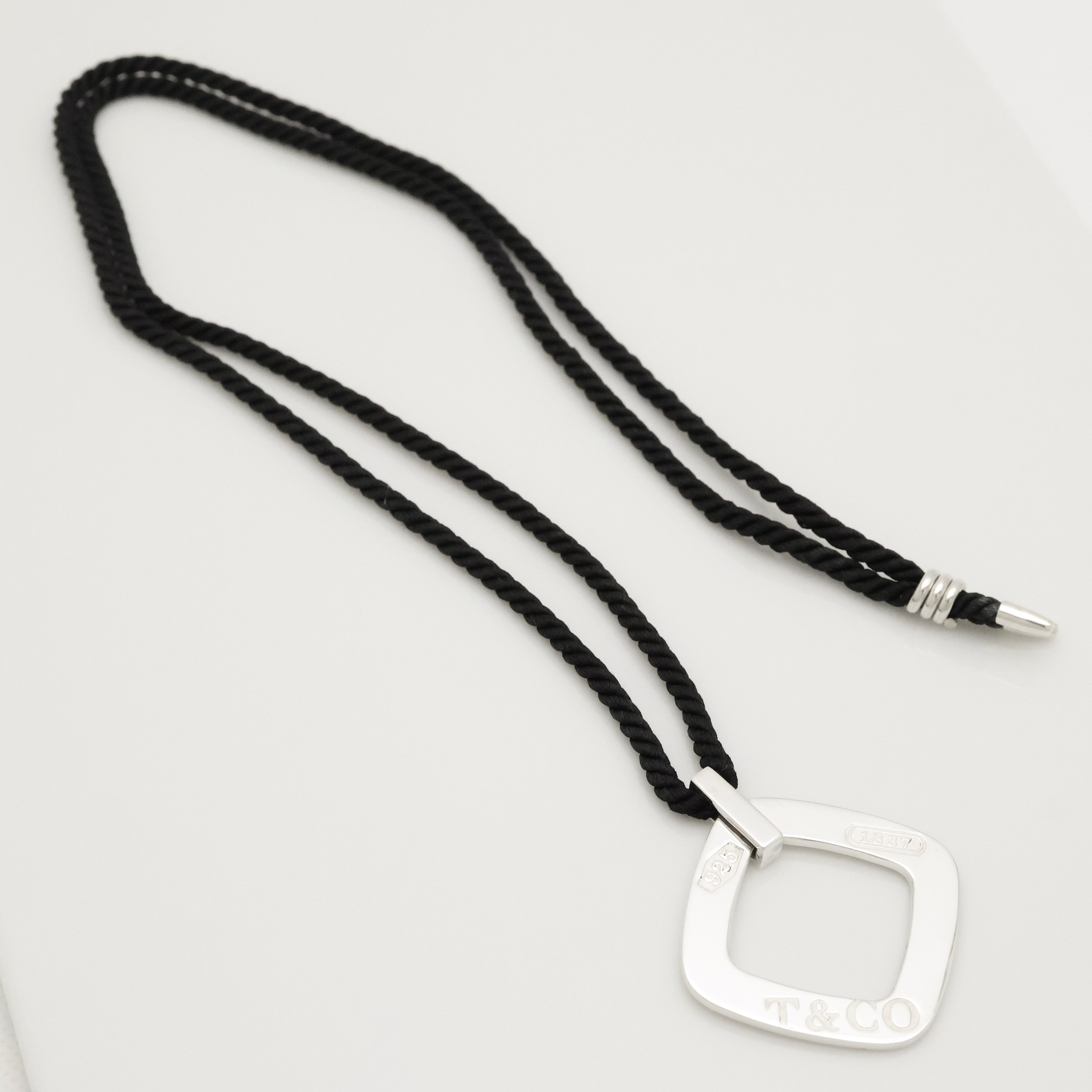 Tiffany & Co. 1837 Square Silk Cord Necklace Pendant Sterling Silver 925