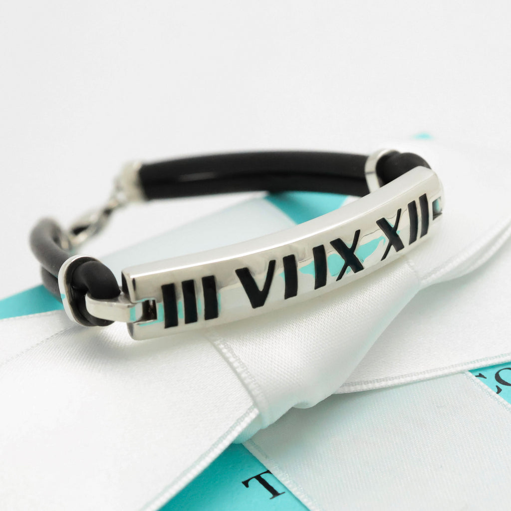 Tiffany & Co. Atlas Bar Rubber Cord Surfer Bracelet Sterling Silver 925