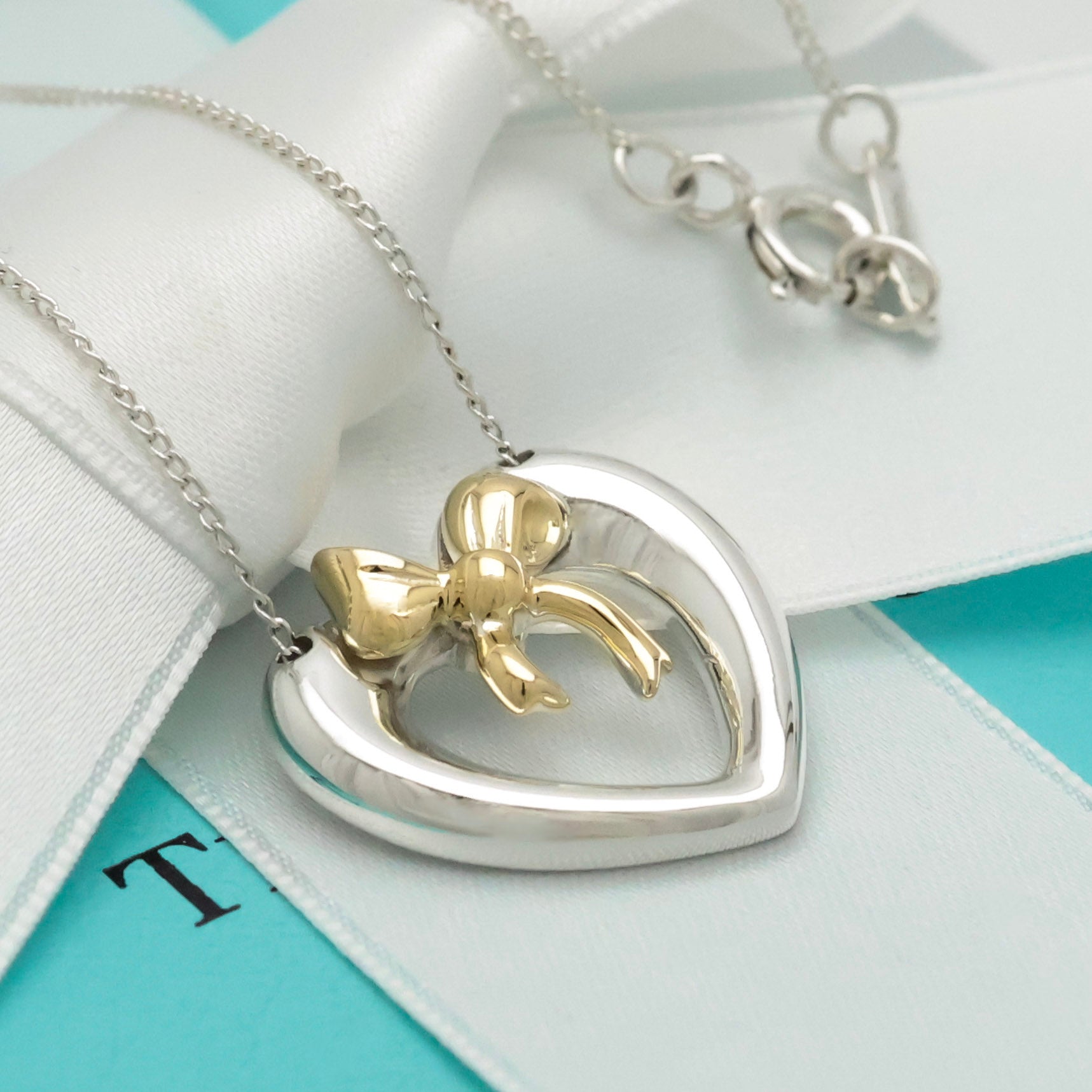 TIFFANY&Co. ハート リボン コンビ ネックレス AG925 AU750