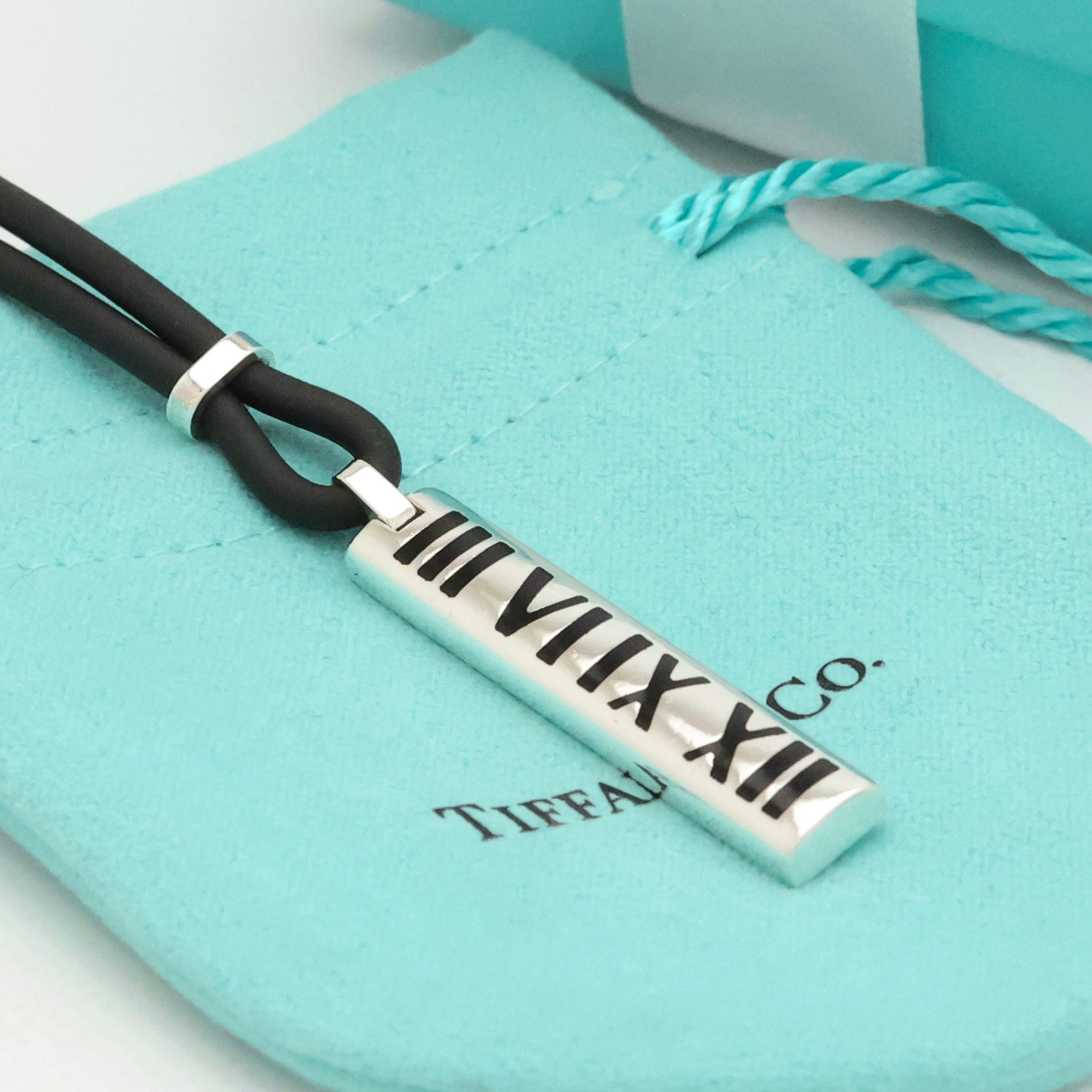 Tiffany & Co. Atlas Bar Rubber Cord Surfer Necklace Sterling Silver 925