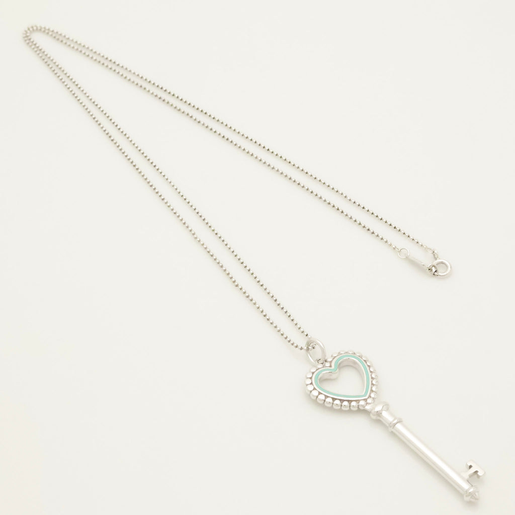  Tiffany & Co. Blue Enamel Beaded Heart Key Necklace Sterling Silver 925　