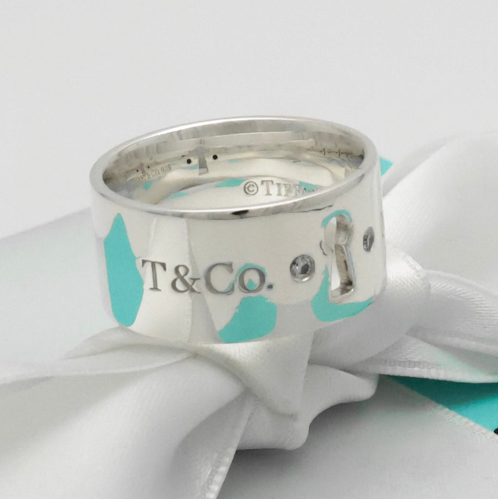 Tiffany & Co. 2P Diamond Keyhole Lock Ring Sterling Silver 925