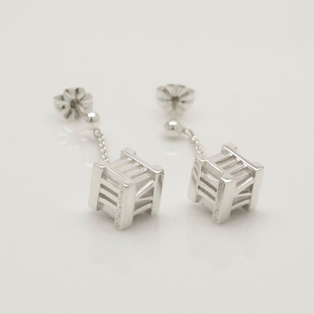 Tiffany & Co. Atlas Cube Drop Dangle Stud Earrings Sterling Silver 925