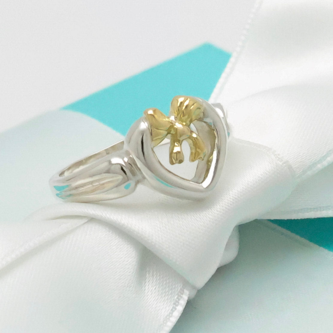 TIFFANY&Co. ハート リボン コンビ イエローゴールド リング 8.5 号 AG925 AU750