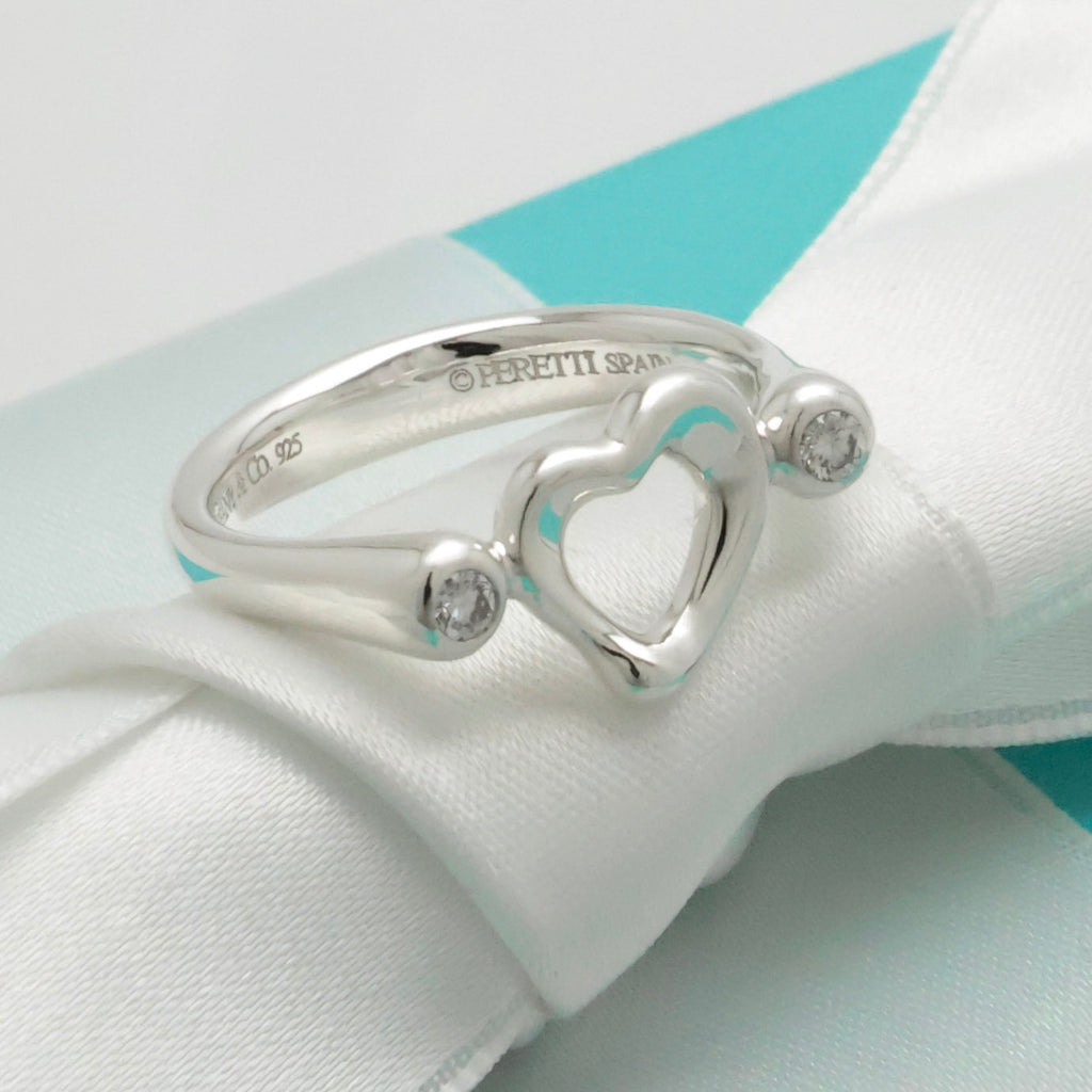 Tiffany & Co. 2P Diamond Open Heart Ring Size 4.5 Sterling Silver 925
