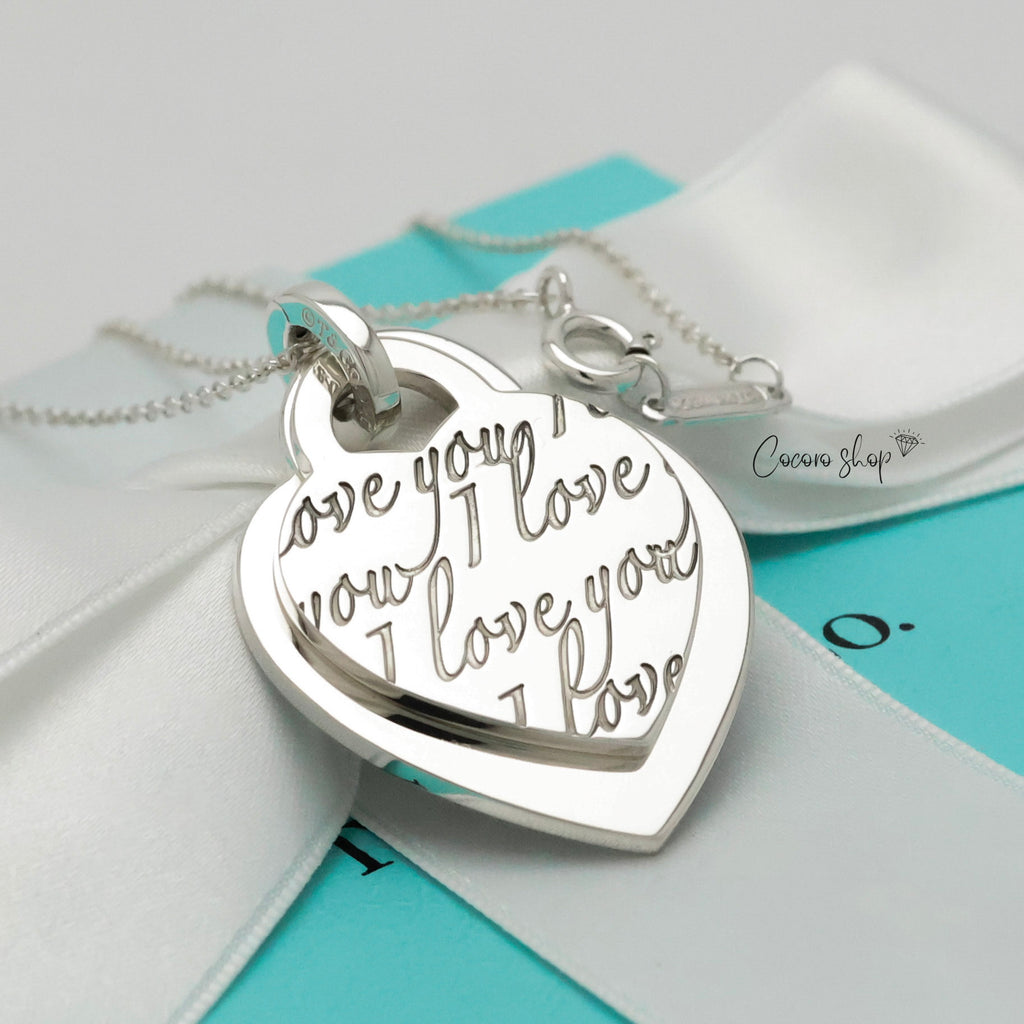 Tiffany & Co. Notes I LOVE YOU Double Heart Tag Necklace Sterling Silver 925