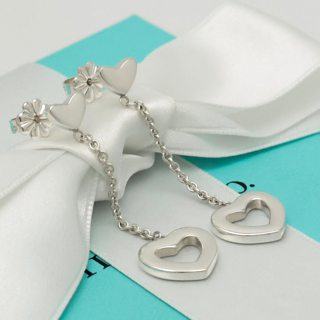 Tiffany & Co. Heart Link Drop Dangle Stud Earrings Sterling Silver 925