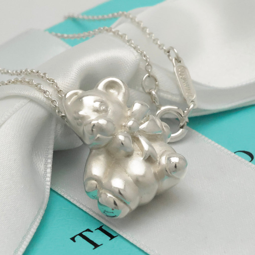 Tiffany & Co. Teddy Bear Ribbon Bow Necklace Sterling Silver 925