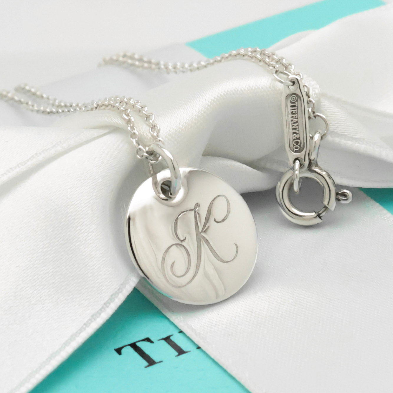  Tiffany & Co. Letter K Notes Initial Disc Necklace Sterling Silver 925
