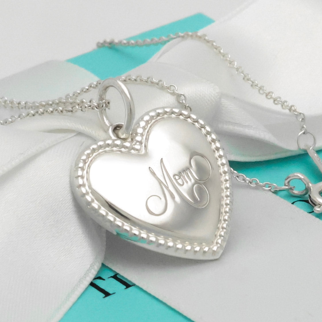  Tiffany & Co. MOM Beaded Edge Heart Necklace Sterling Silver 925