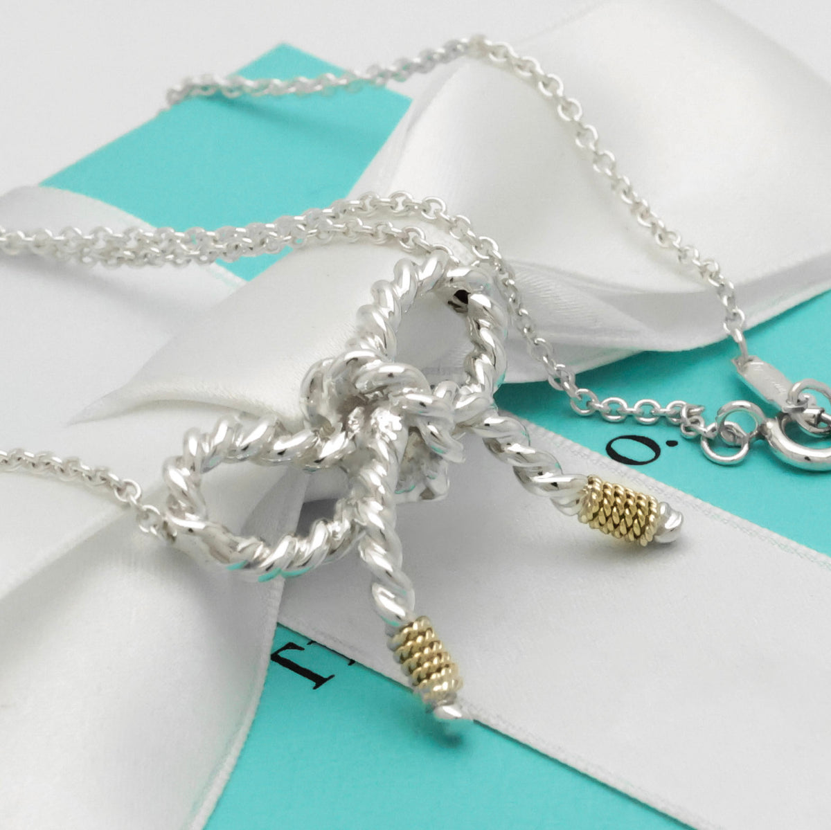 Tiffany & Co. Twist Ribbon Bow Necklace Silver Sterling 925 & 18K Gold 