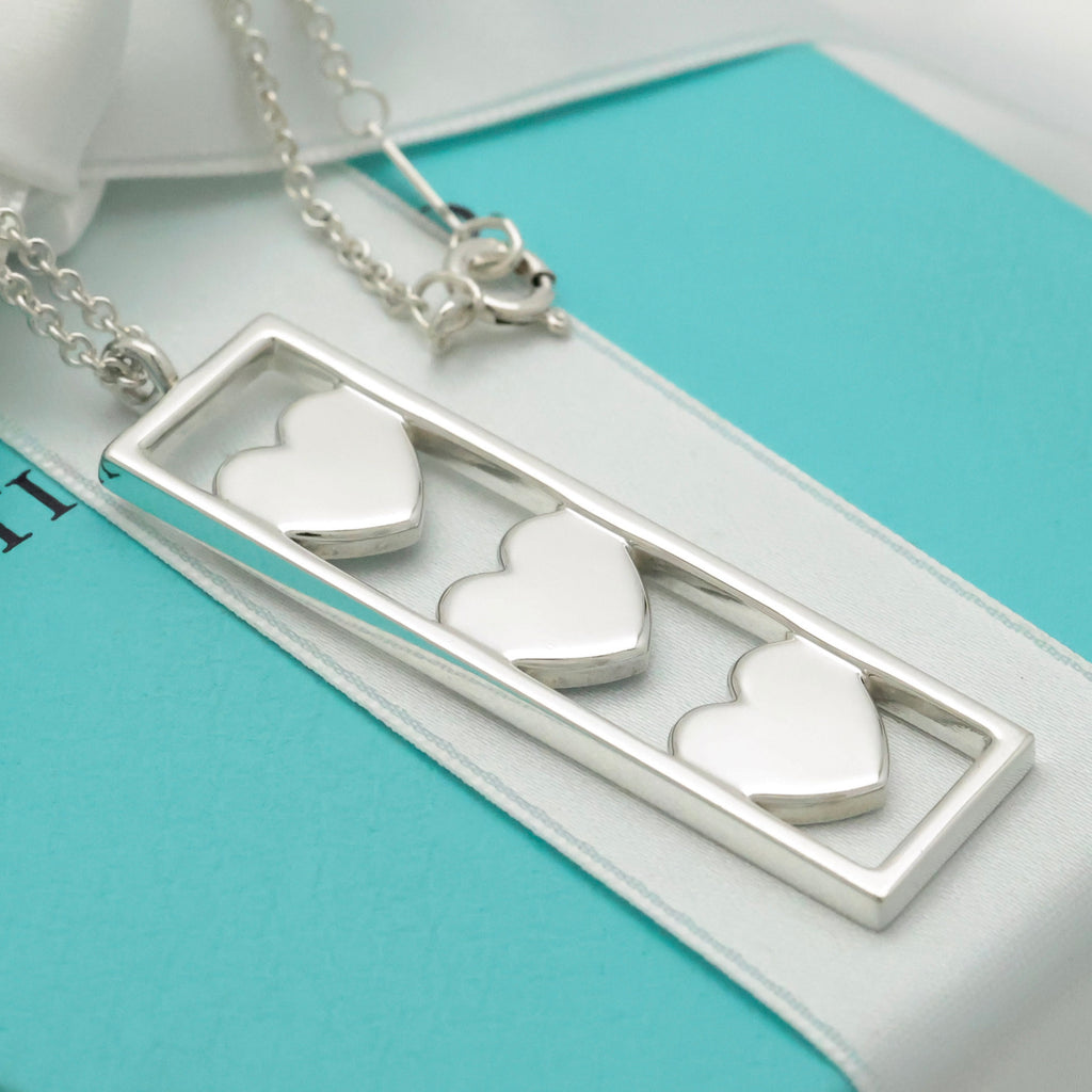 Tiffany & Co Triple Heart Plate Pendant Necklace Sterling Silver 925