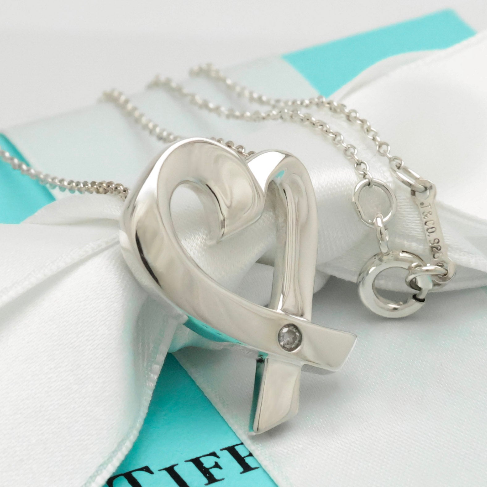 Tiffany & Co. Loving Heart Diamond Pendant Necklace Sterling Silver 925