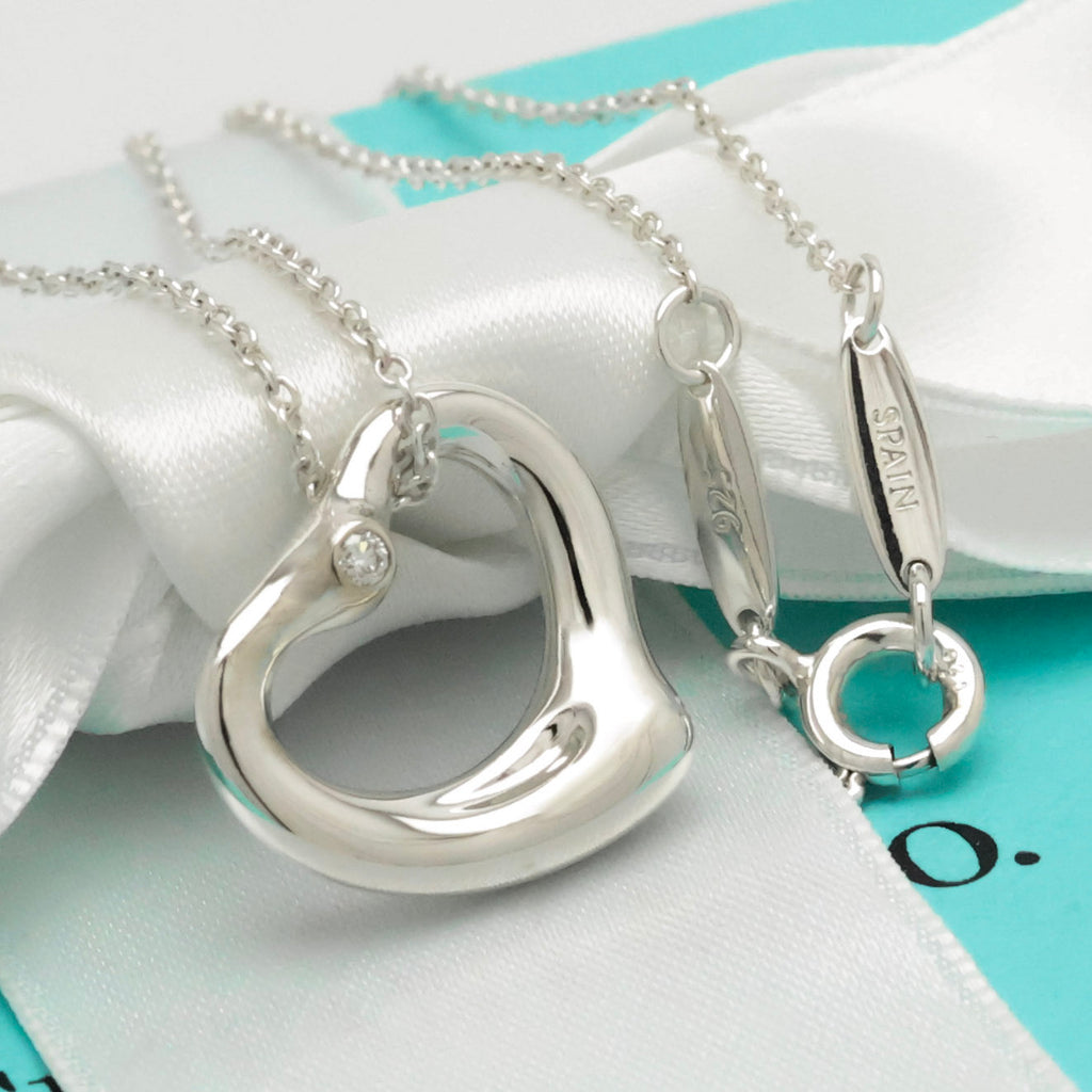 Tiffany & Co. 22mm Open Heart 1P Diamond Pendant Necklace Sterling Silver 925