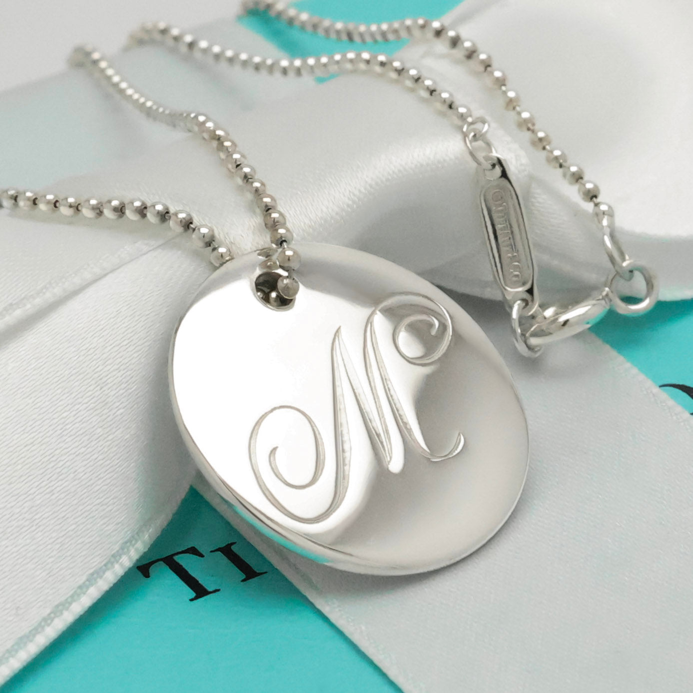  Tiffany & Co. Letter M Notes Initial Disc Necklace Sterling Silver 925