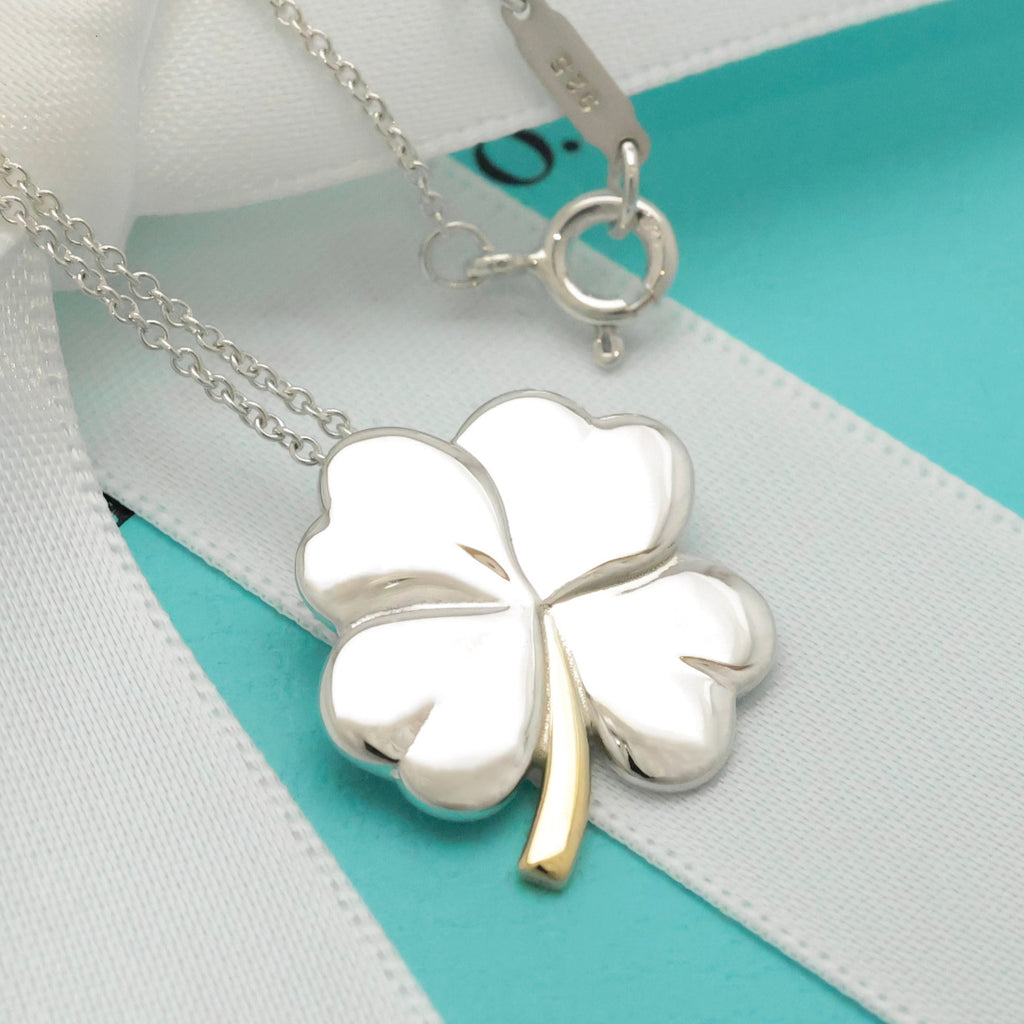  Tiffany & Co. Four Leaf Clover Pendant Necklace Sterling Silver 925 & Gold 18K