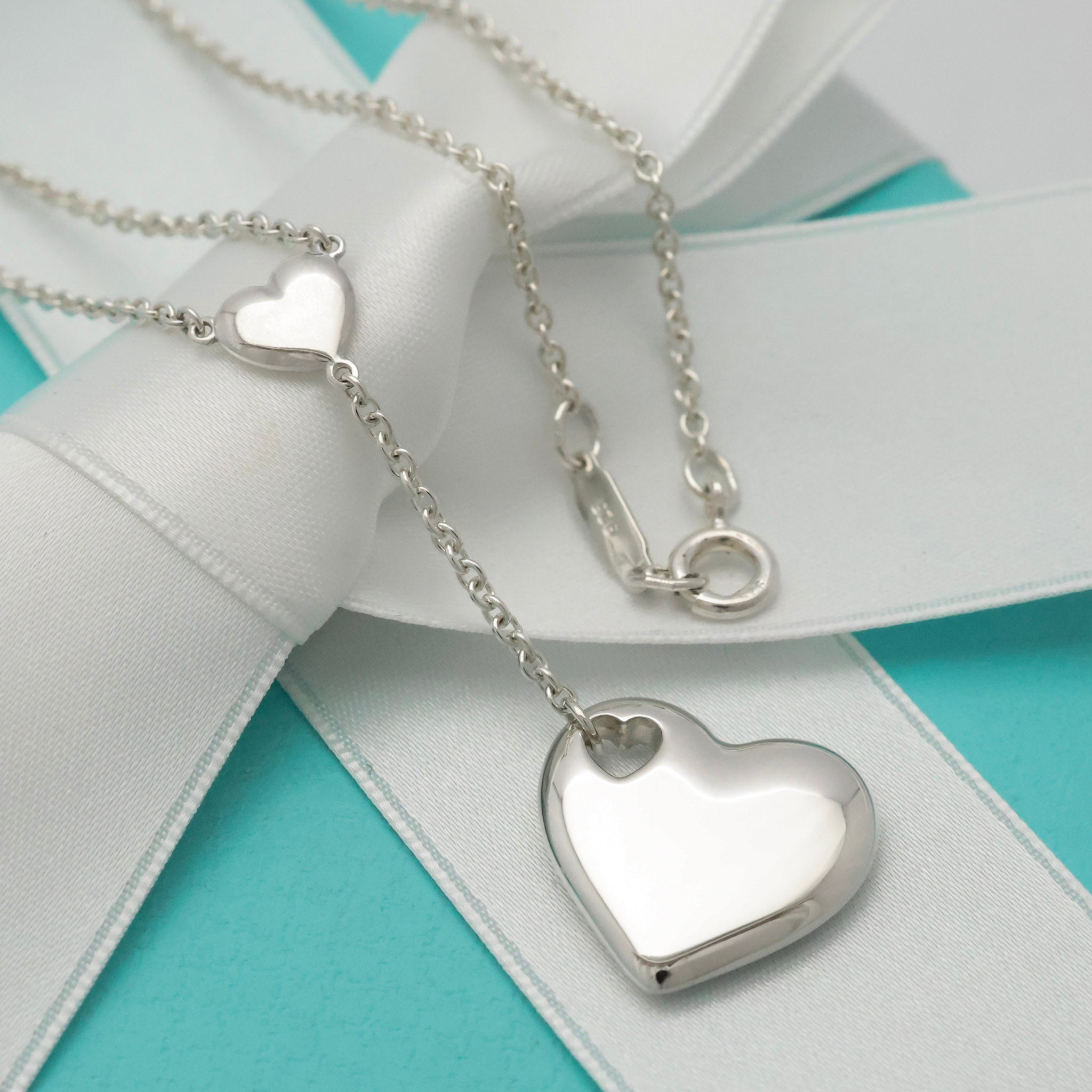 Tiffany & Co. Stencil Cutout Two Heart Lariat Necklace Sterling Silver 925