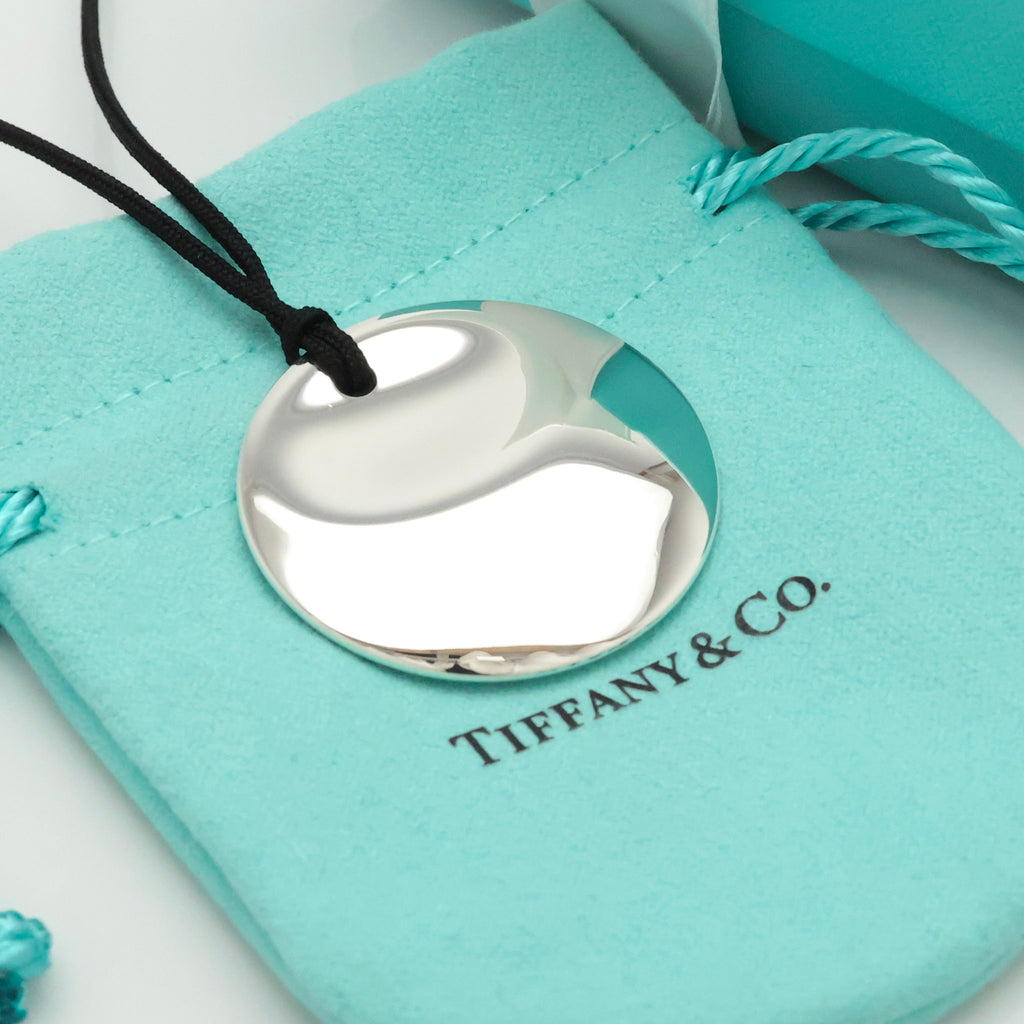 Tiffany & Co. LARGE Round Circle Disc Silk Cord Necklace Sterling Silver 925