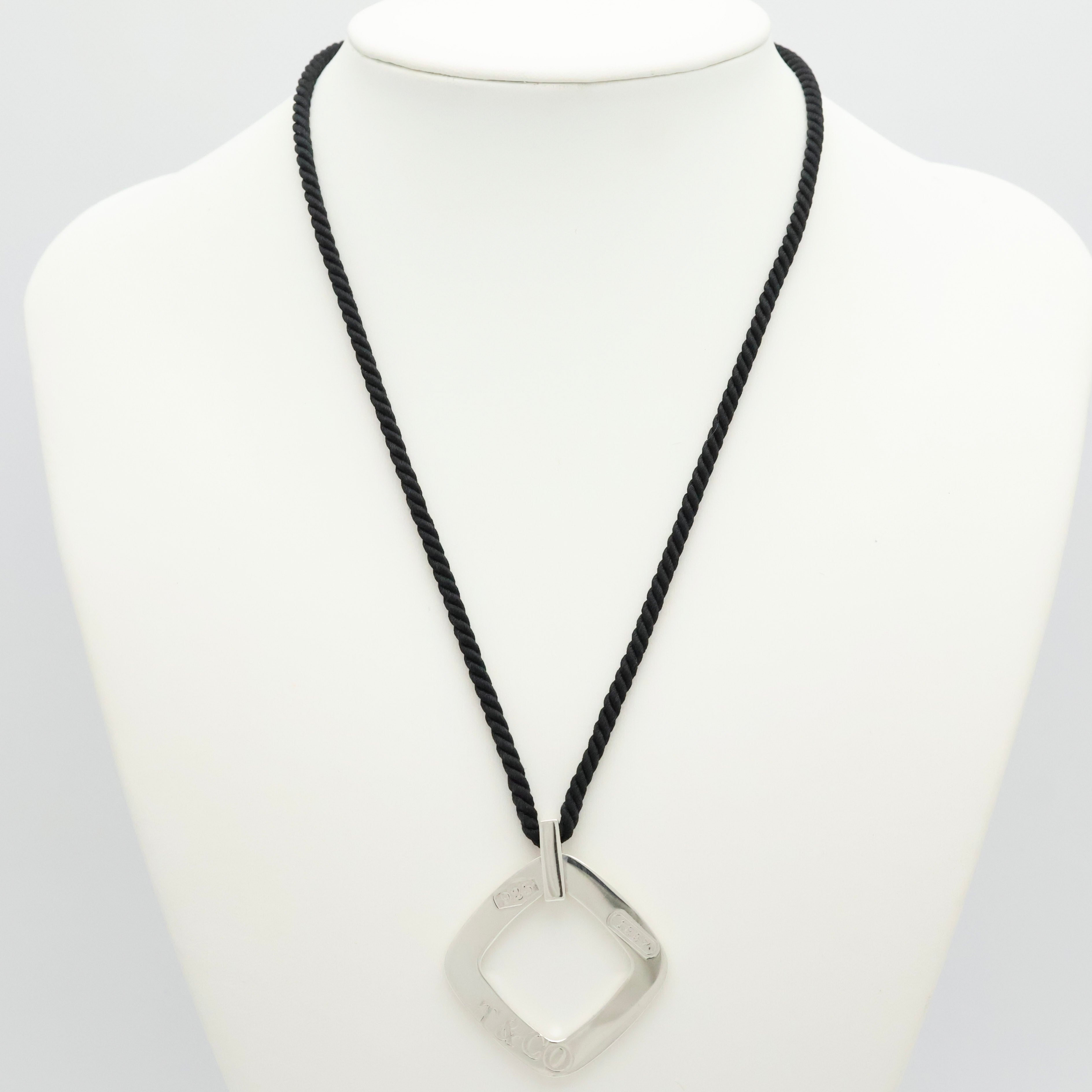 Tiffany & Co. 1837 Square Silk Cord Necklace Pendant Sterling Silver 925