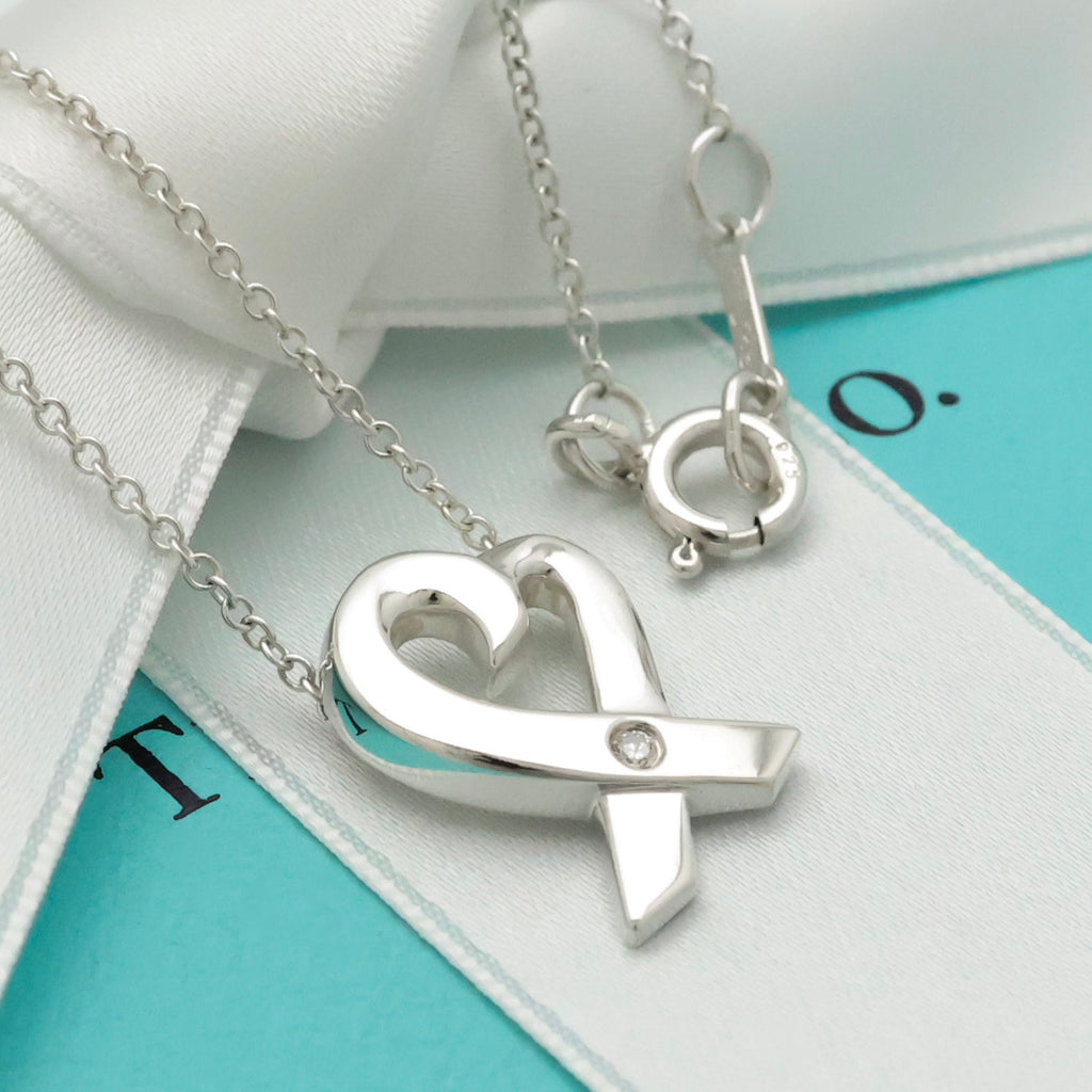 Tiffany & Co. Loving Heart Diamond Pendant Necklace Sterling Silver 925