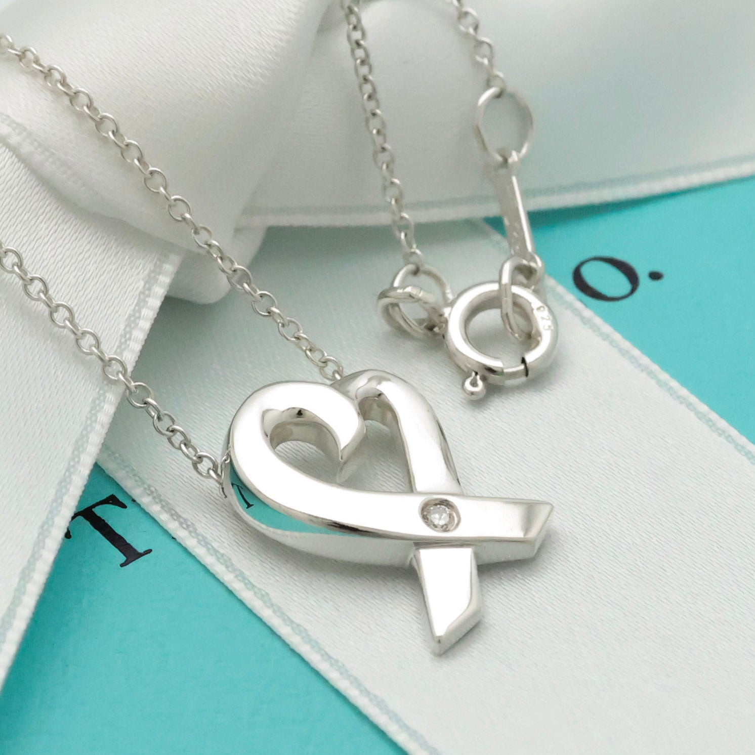Tiffany & Co. Loving Heart Diamond Pendant Necklace Sterling Silver 925