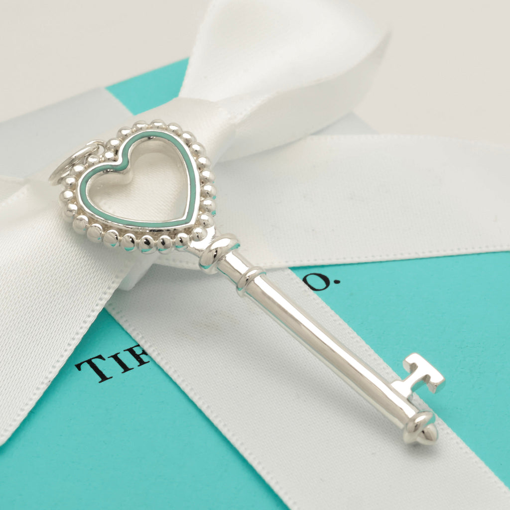  Tiffany & Co. Blue Enamel Beaded Heart Key Charm Sterling Silver 925　
