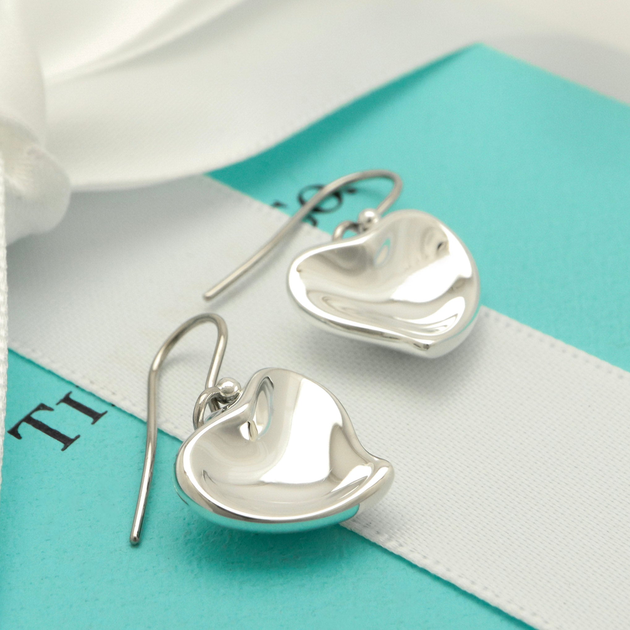 Tiffany & Co. Peretti Full Curved Heart Dangle Hook Earrings Sterling Silver 925