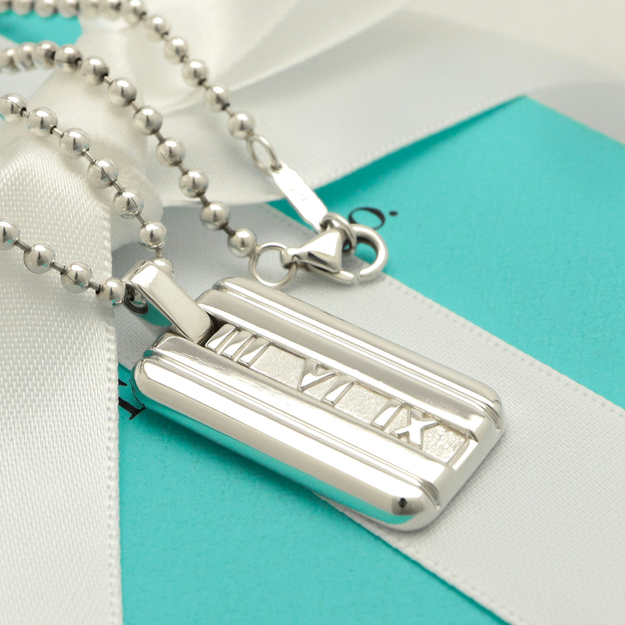Tiffany & Co. Atlas Dog Tag Plate Ball Chain Necklace Sterling Silver 925